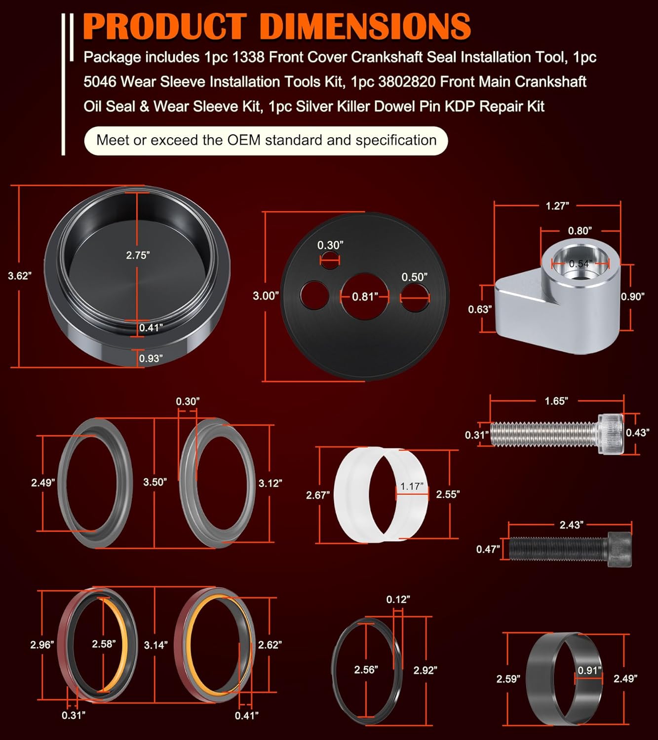 5046 Crankshaft Wear Sleeve Install Tool, 1338 Front Cover Crankshaft Seal Install Tool, 3802820 Front Crankshaft Seal & Wear Sleeve & Killer Dowel Pin KDP Repair Kit for Dodge Cummins 3.9L 5.9L 6.7L