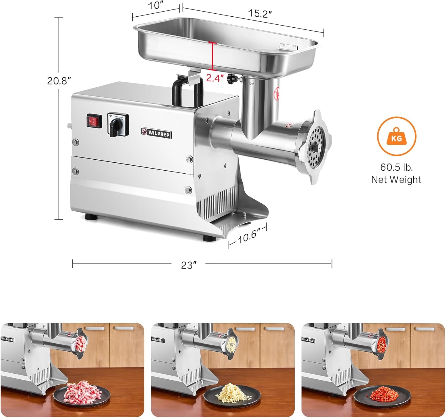 WILPREP Electric Meat Grinder Machine, 1500W Commercial Meat Grinder with Reverse Function Dual Grinding Plates, Heavy Duty 705.5 lb/h Industrial Meat Mincer with Overload Protection ETL Certification