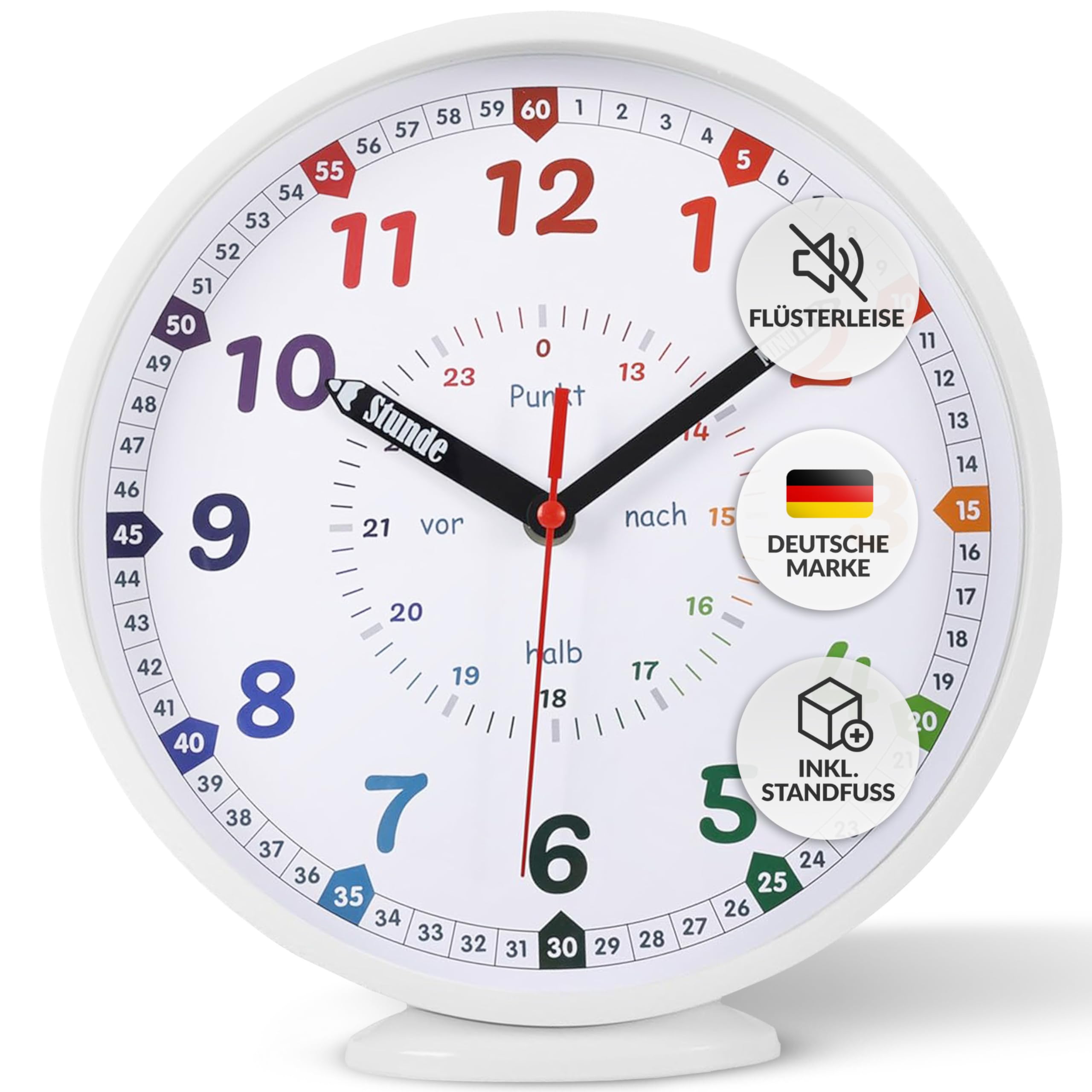 Reloj de pared para niños blanco - Reloj de pared colorido para habitación infantil silencioso - Reloj de aprendizaje para niños sin ruido de tictac - Reloj analógico de pared infantil para