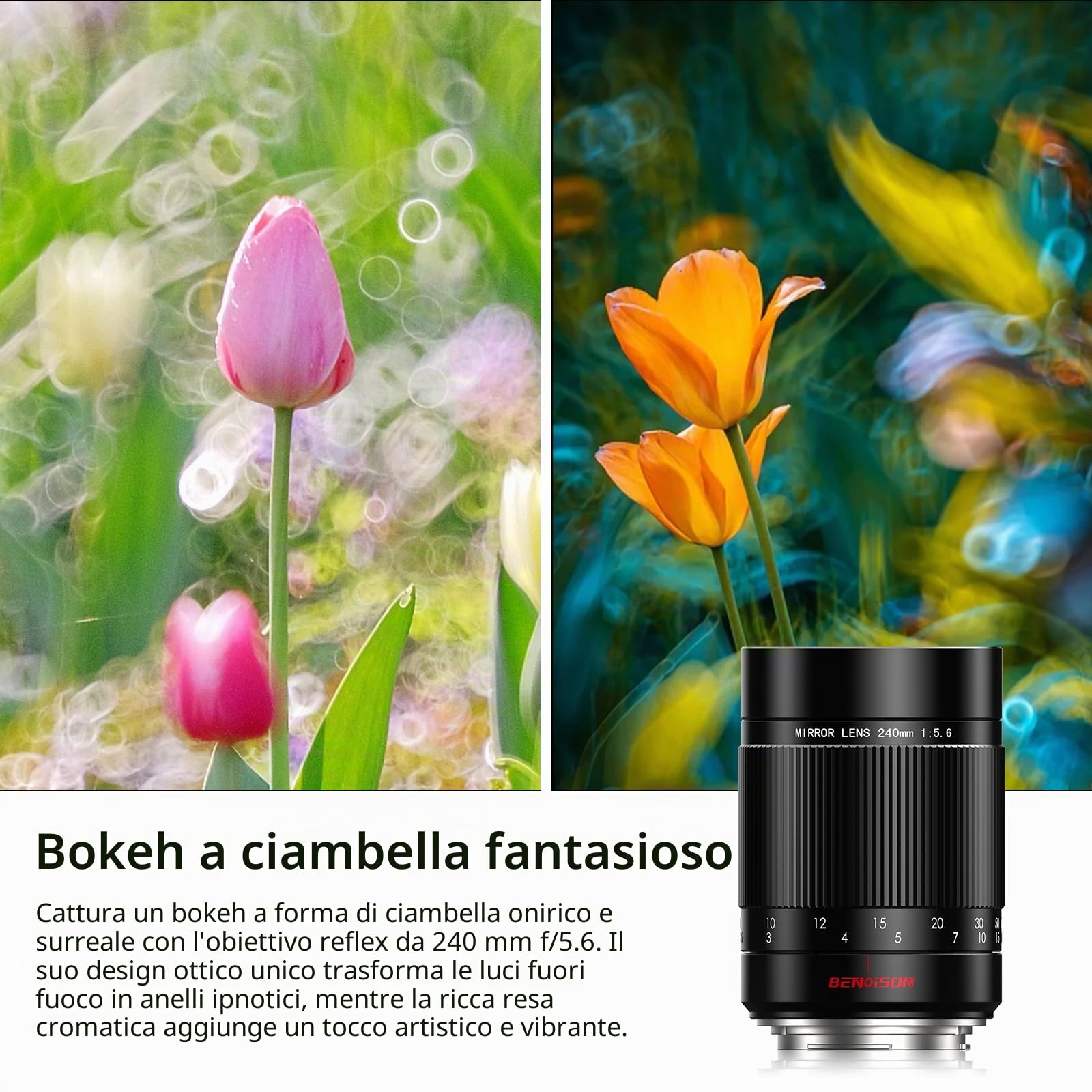 Obiettivo a Specchio - 240mm f/5.6 per Canon EF, Messa a Fuoco Manuale (MF), Teleobiettivo per Canon 4000D 2000D 1500D 1300D 1200D 850D 800D 750D 600D 500D 250D 90D 80D 77D 7D 6D 5D 1D (Attacco EF)