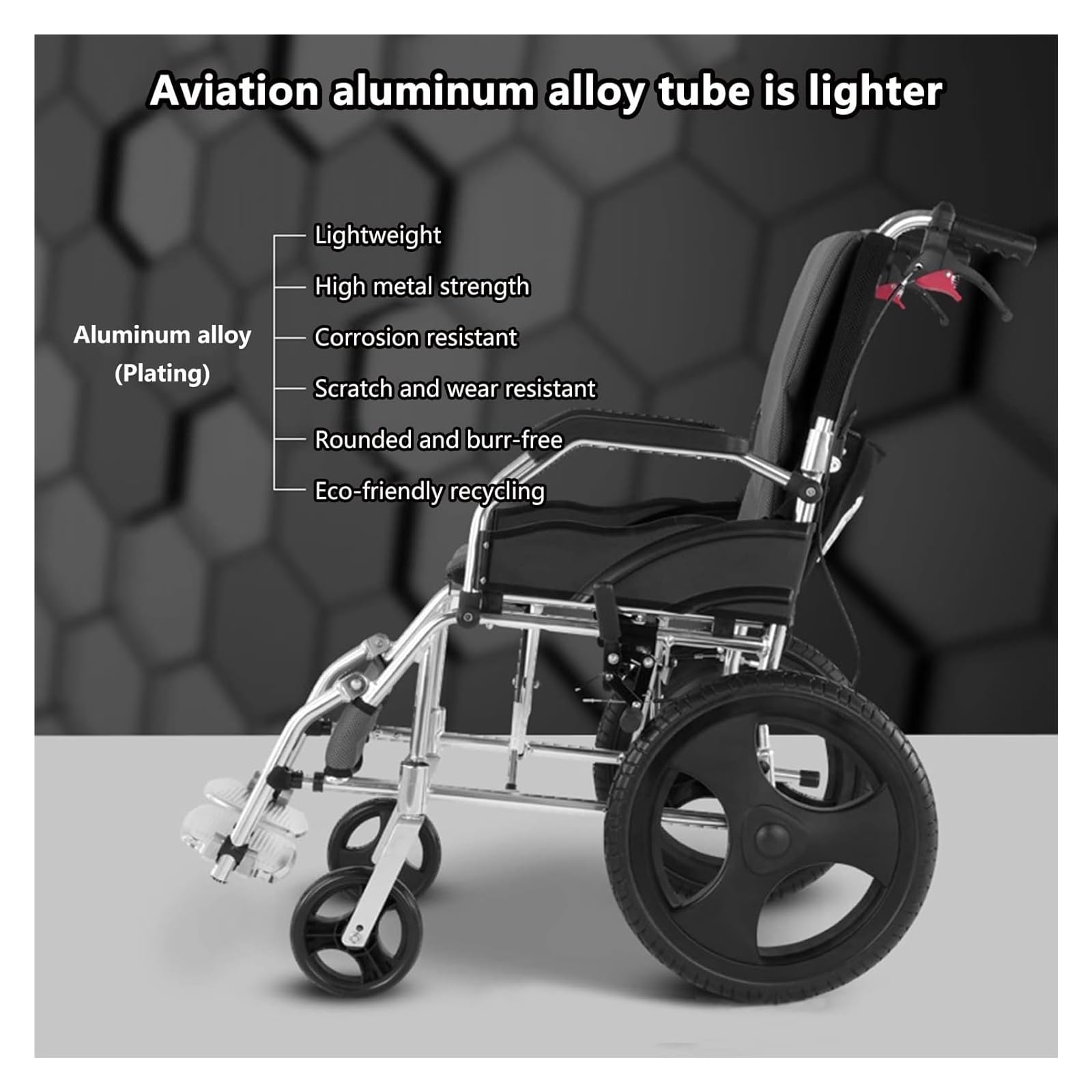 Sedia a rotelle pieghevole in alluminio leggero con braccioli a tutta lunghezza e poggiapiedi oscillante per una facile mobilità e comfort