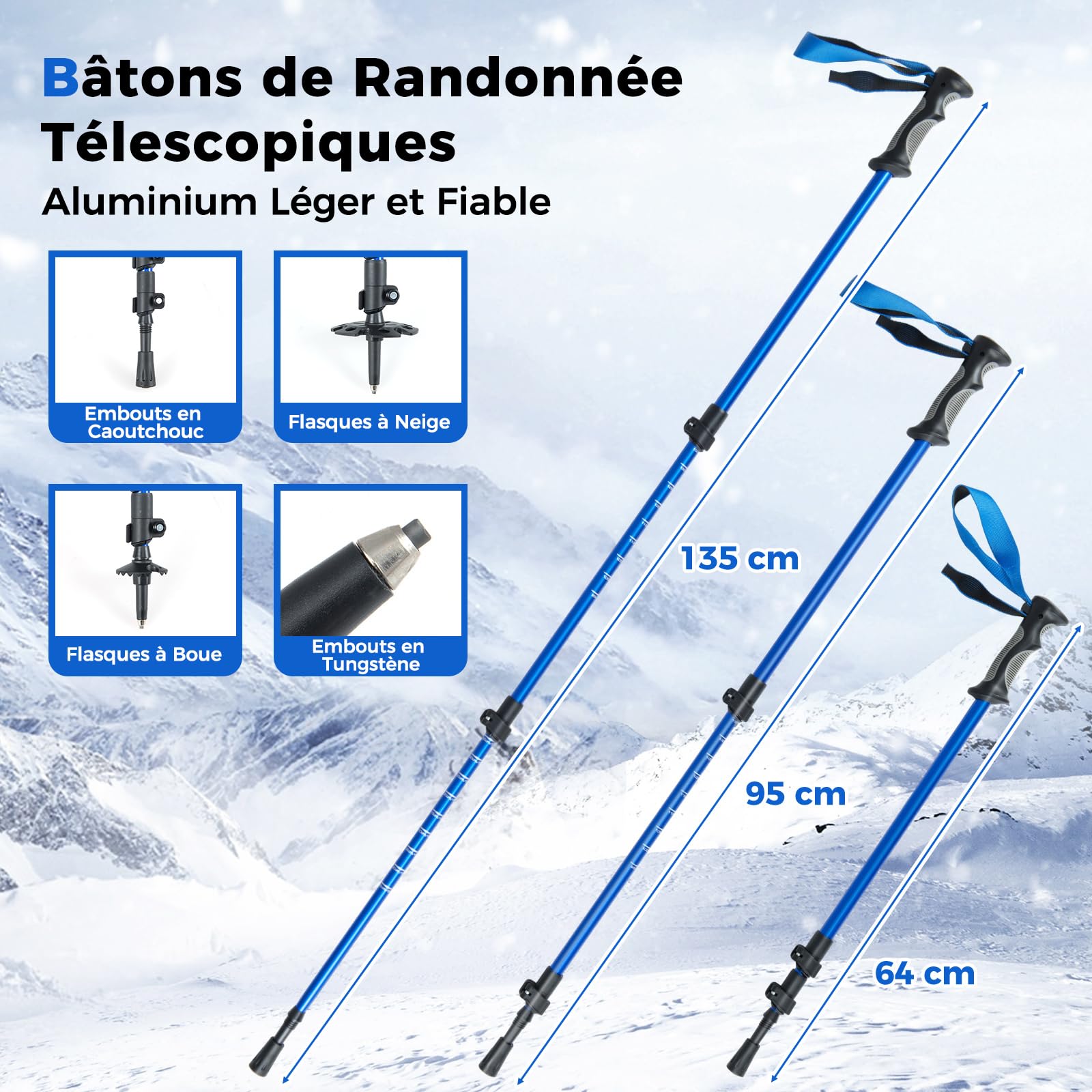 COSTWAY Set de Raquettes à Neige avec Bâtons de Trekking, Chaussures Neige Tout-Terrain en Aluminium, Rembourrage EVA à Sangle Unique Repose-Talon Barre Pivotante Sac de Transport