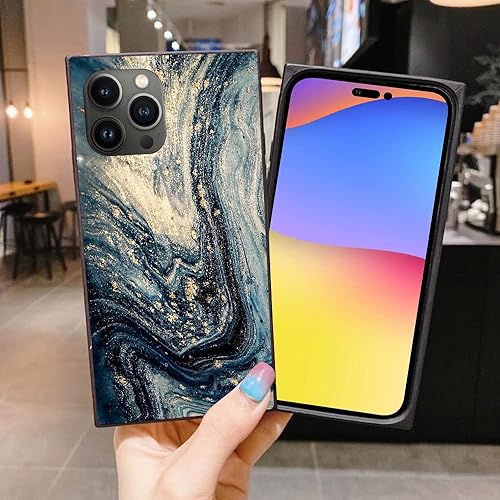Miniatura 3 de ZHUXUXITT Funda cuadrada de lujo para iPhone 15 Pro Max, diseño de mármol azul y dorado, funda cuadrada para mujeres y hombres, suave TPU protección