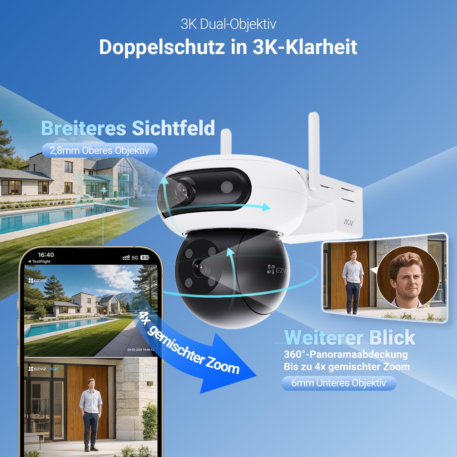 EZVIZ 3K+3K Akku Überwachungskamera Aussen mit 8W Solarpanel CB90 Dual | Dual-Objektiv, 10400mAh Batterie, Auto-Tracking, Farbnachtsicht, Personen/Fahrzeugerkennung, Zwei-Wege-Audio, Ohne Abo