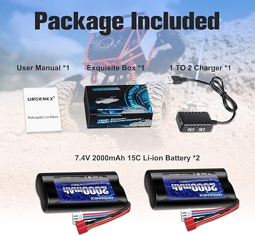 Miniatura 7 de URGENEX Batería de iones de litio de 7.4 V 2000 mAh con enchufe en T estilo Dean, batería recargable RC 2S para WLtoys 4WD de alta velocidad y la