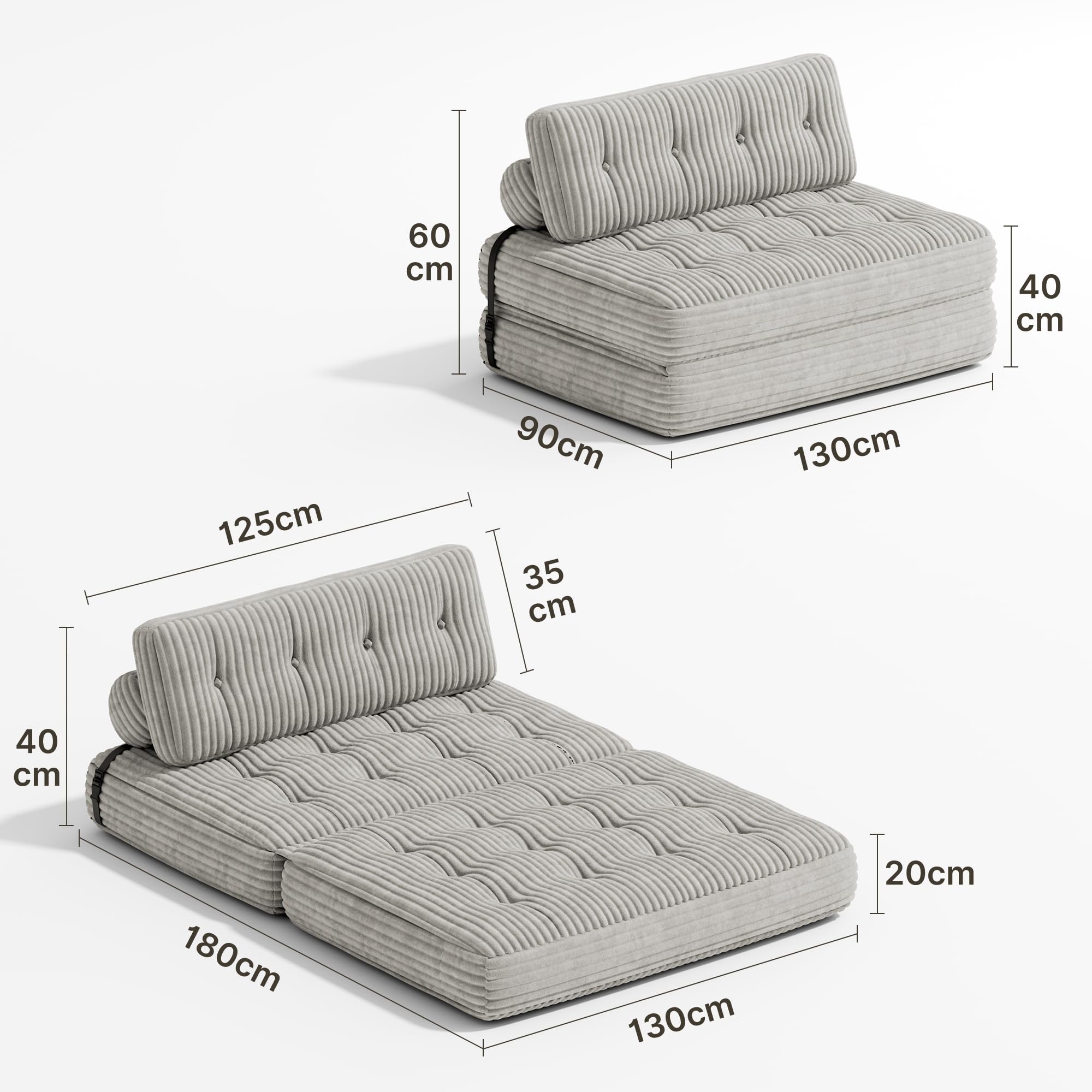 Xbro Canapé-lit Convertible 2 Places 180 x 130 x 20cm, Canapé de Sol Convertible, Matelas Pliant Sofa en Mousse à Mémoire de Forme, Pliable Chambre Salon, Gris Clair