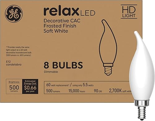 GE Relax - Bombillas LED de 60 vatios, color blanco suave, bombillas decorativas, esmeriladas, base pequeña (paquete de 8)