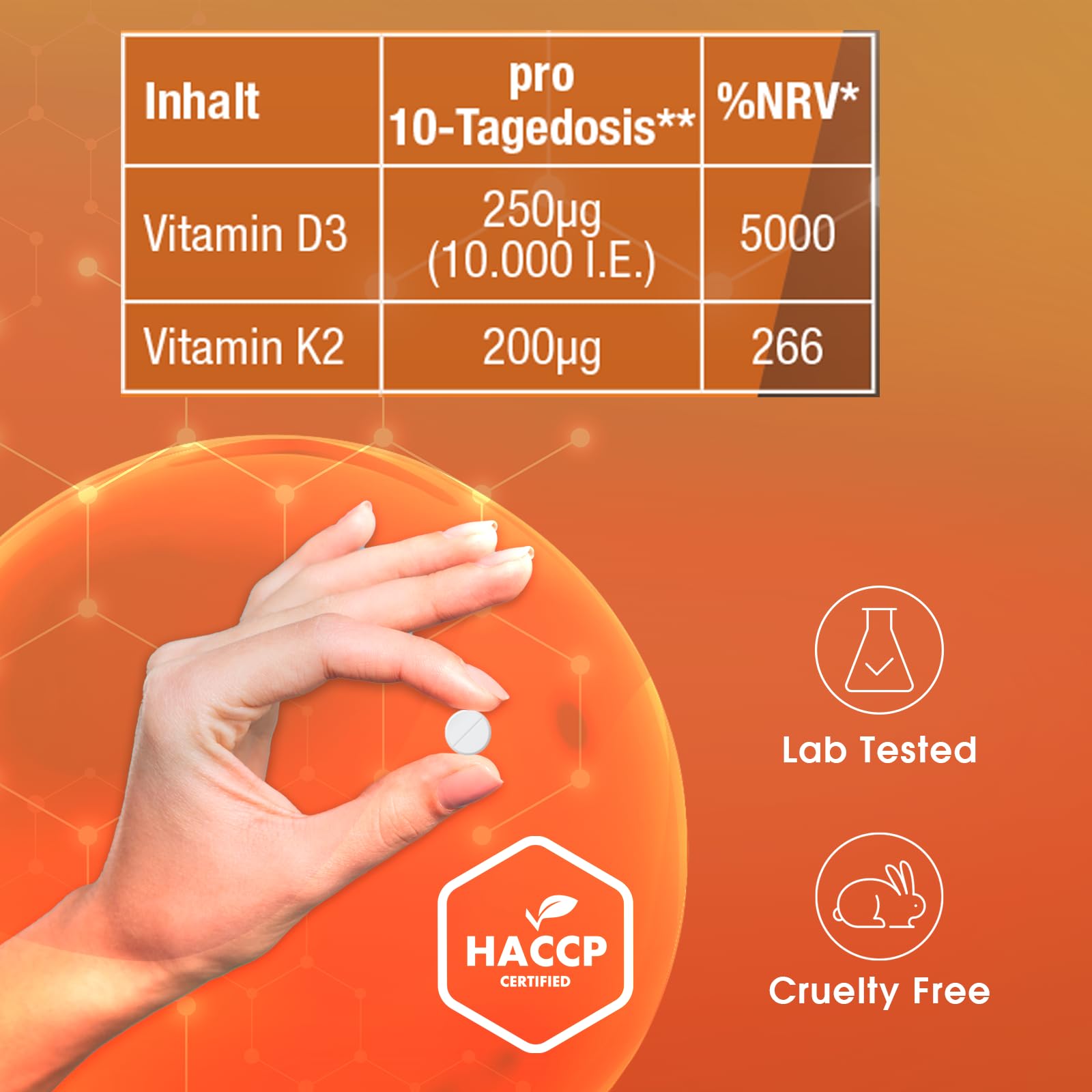 Vitamin D3 + K2, 365 Tabletten, schluckfreundlich, 10.000 I.E. + 200μg, Hochdosiert, Deutsche Produktion & Laborprüfung