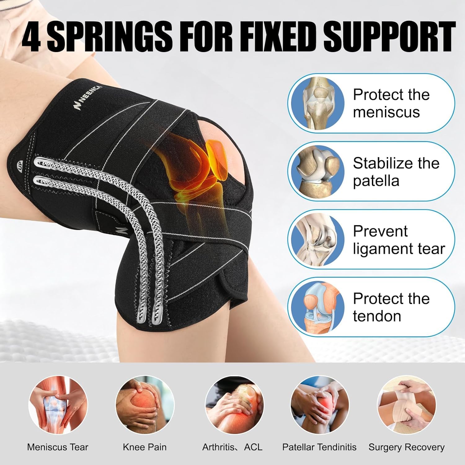 NEENCA Kniebandage für Damen Männ,Kompressions Kniestütze mit X-Straps Design-ACL, MCL, PCL,Meniskusriss & Arthritis,Stabilisierung des Gelenks mit seitlichen Stabilisatoren & Patella Gelpolstern