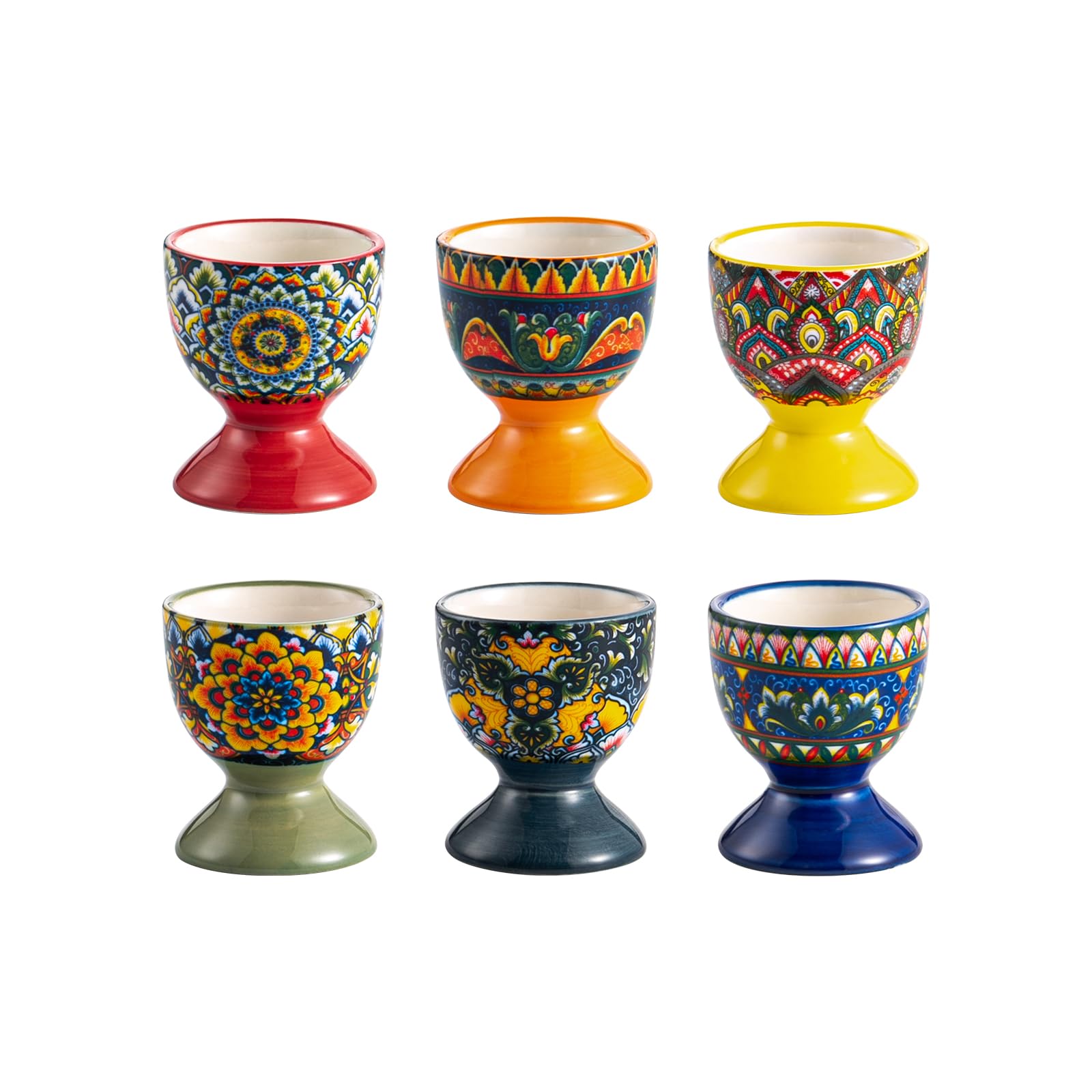 Henten Home Boho Ceramic Egg Cups, Colorful Egg Holder Set of 6