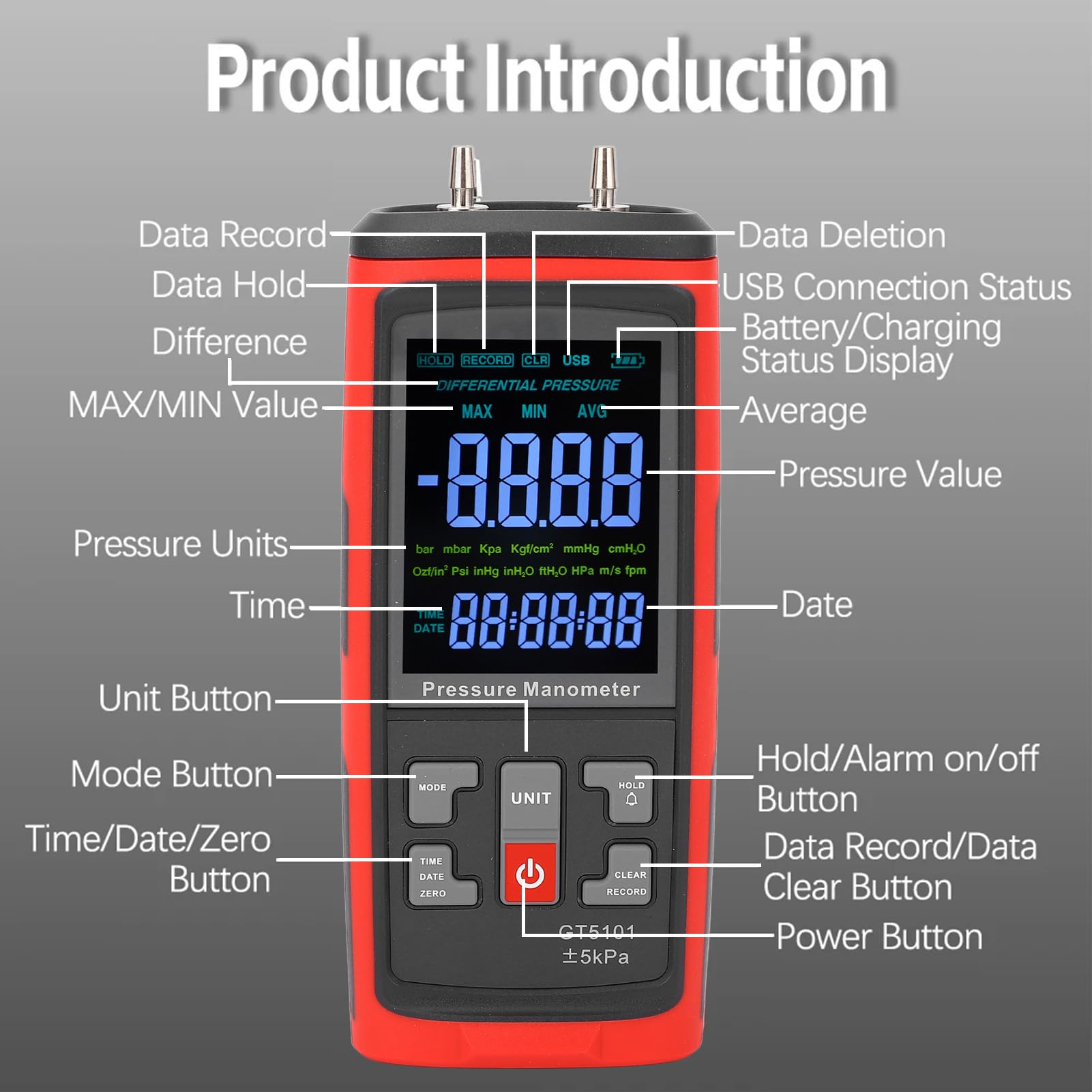 Fyearfly Medidor de Presión Diferencial ±5kPa, Pantalla LCD Retroiluminada Manómetro de Presión Digital de 2 Puertos Medidor de Presión de Gas, para Laboratorio, Sopladores, Salas Blancas