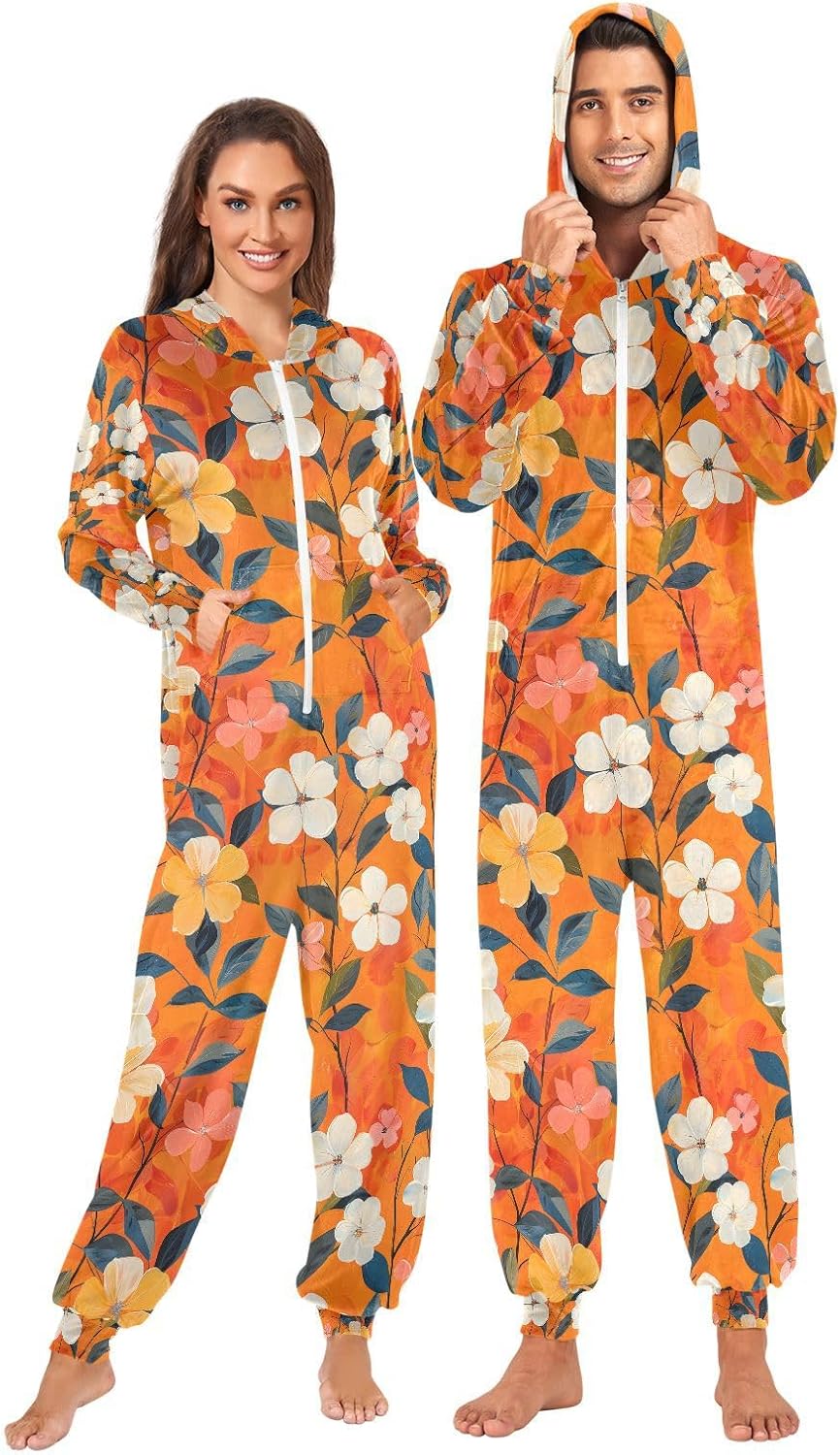 White Flower Leaves Orange Adult Onesie Pajamas Novelty One Piece Costume Sleepwear Jumpsuits Matching PJS