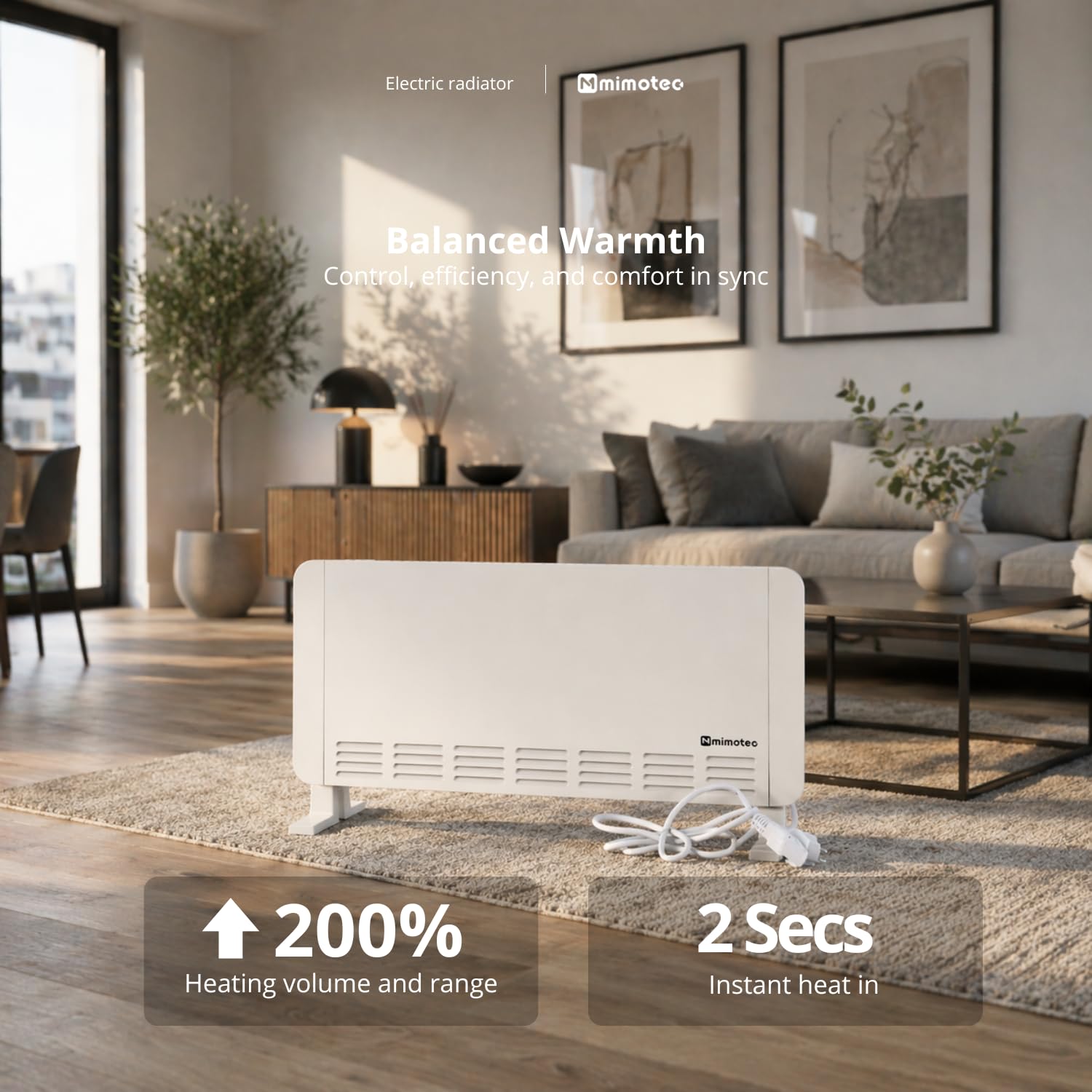 M Mimotec – Radiador Convector Eléctrico White Broken Equation 2000W, Potencia Regulable 800–2000W, Silencioso 0 dB, con Termostato Ajustable, Uso Interior