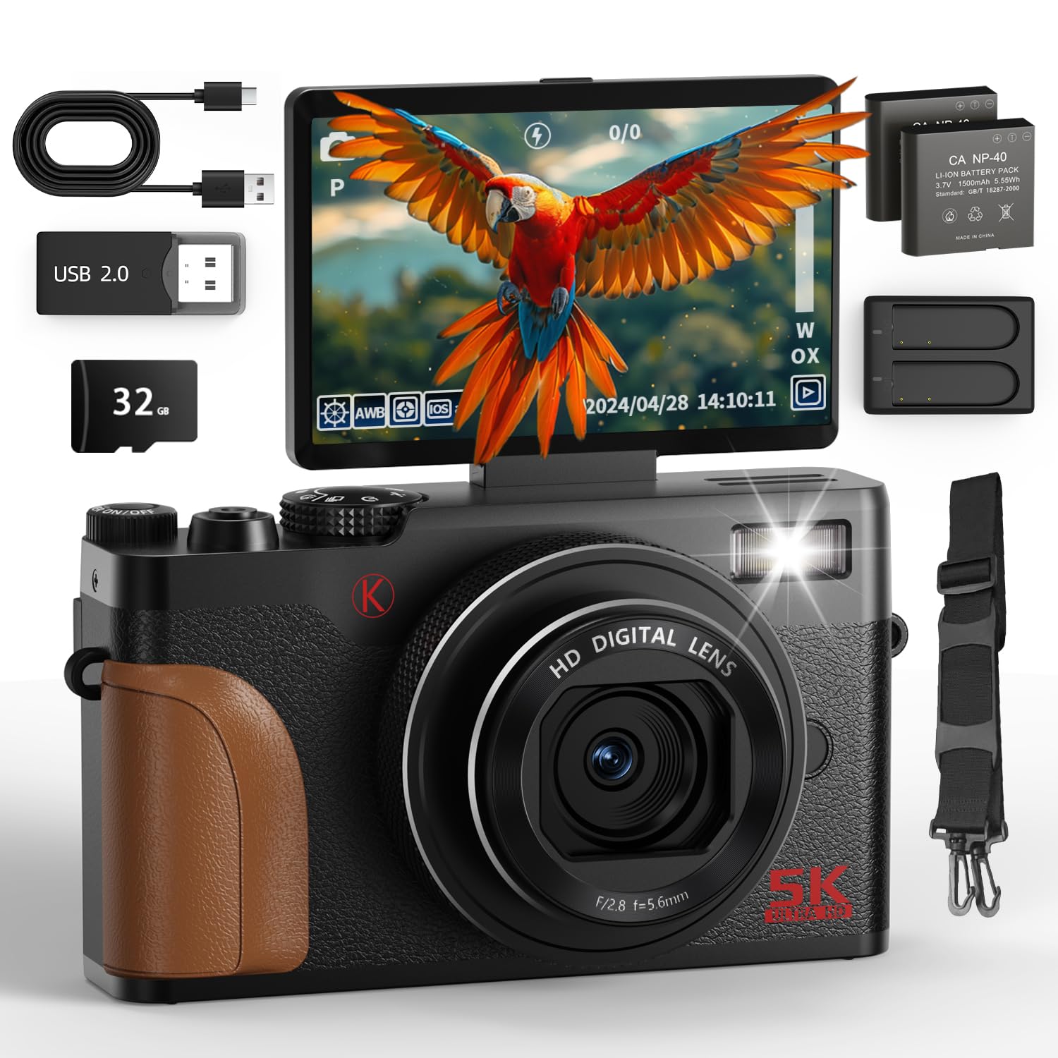 Appareil Photo Numérique 64MP Avec écran Pivotant 180° - Vidéo 5K, Zoom 18x, Anti-vibration - Pour Vlogging YouTube, Débutants - Inclus Carte 64GB
