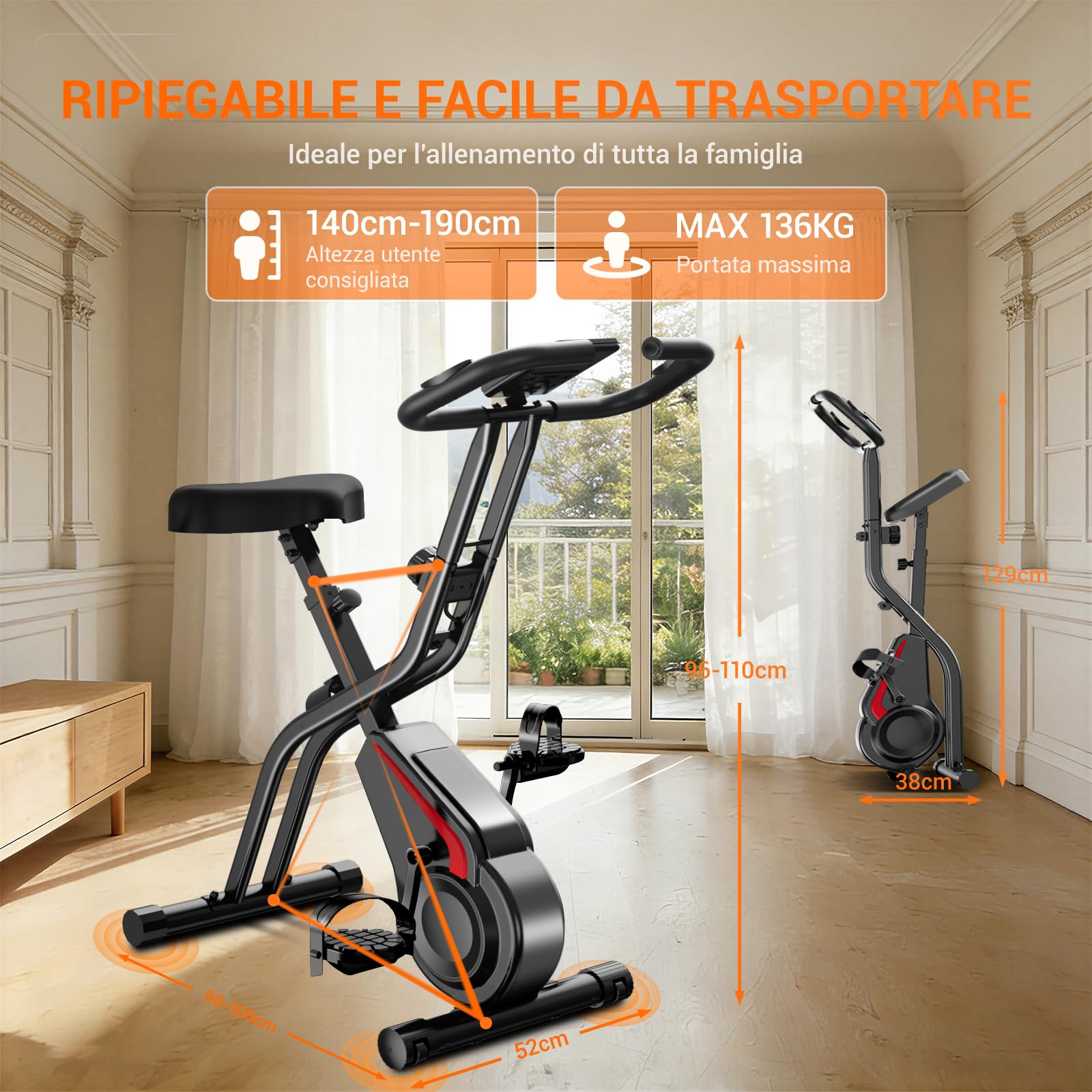 UMAY cyclette da casa pieghevole Ergometer, cyclette pieghevole 5-in-1 con Resistenza Magnetica a 16 Livelli, cyclette per casa Bici da Camera con Sedile Comodo, Massimo 136kg