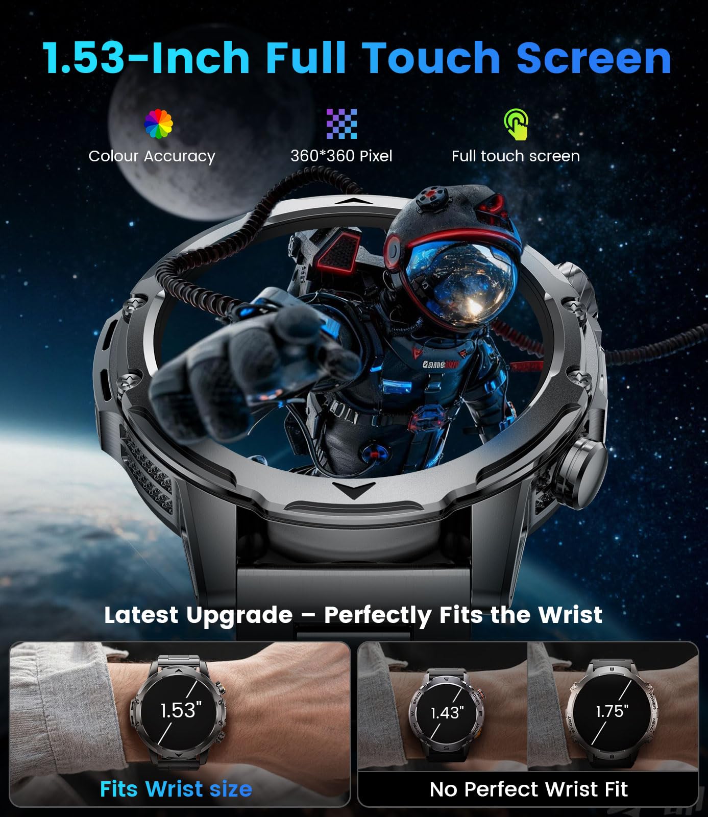 Military Smart Watch for Men, 1.53" Fitness Tracker with 1000 mAh Ultra-Long Battery/Flashlight/Bluetooth Calling/Health Monitor / 120+ Sports Modes / IP68 Waterproof for iOS Android, Black - 3