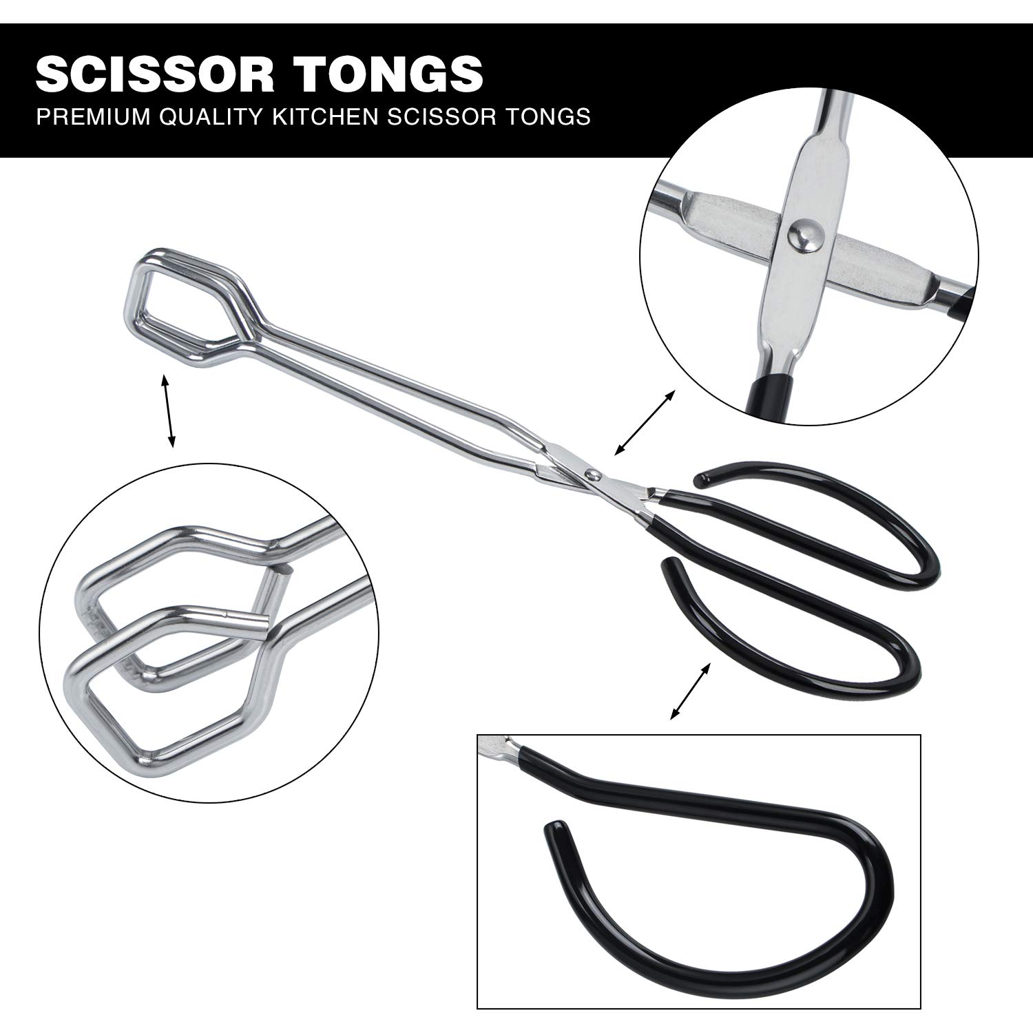 MSY BIGSUNNY Stainless Steel Scissor Tongs Heavy Duty Cooking Tongs with Soft Handles (2, Black 10" + 10") - Image 2
