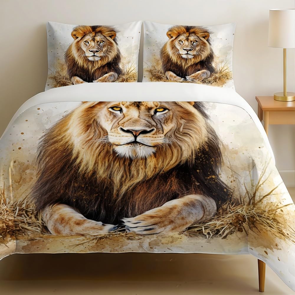 Parure de lit 200x200 lion aquarelle microfibre sans repassage pour grand lit