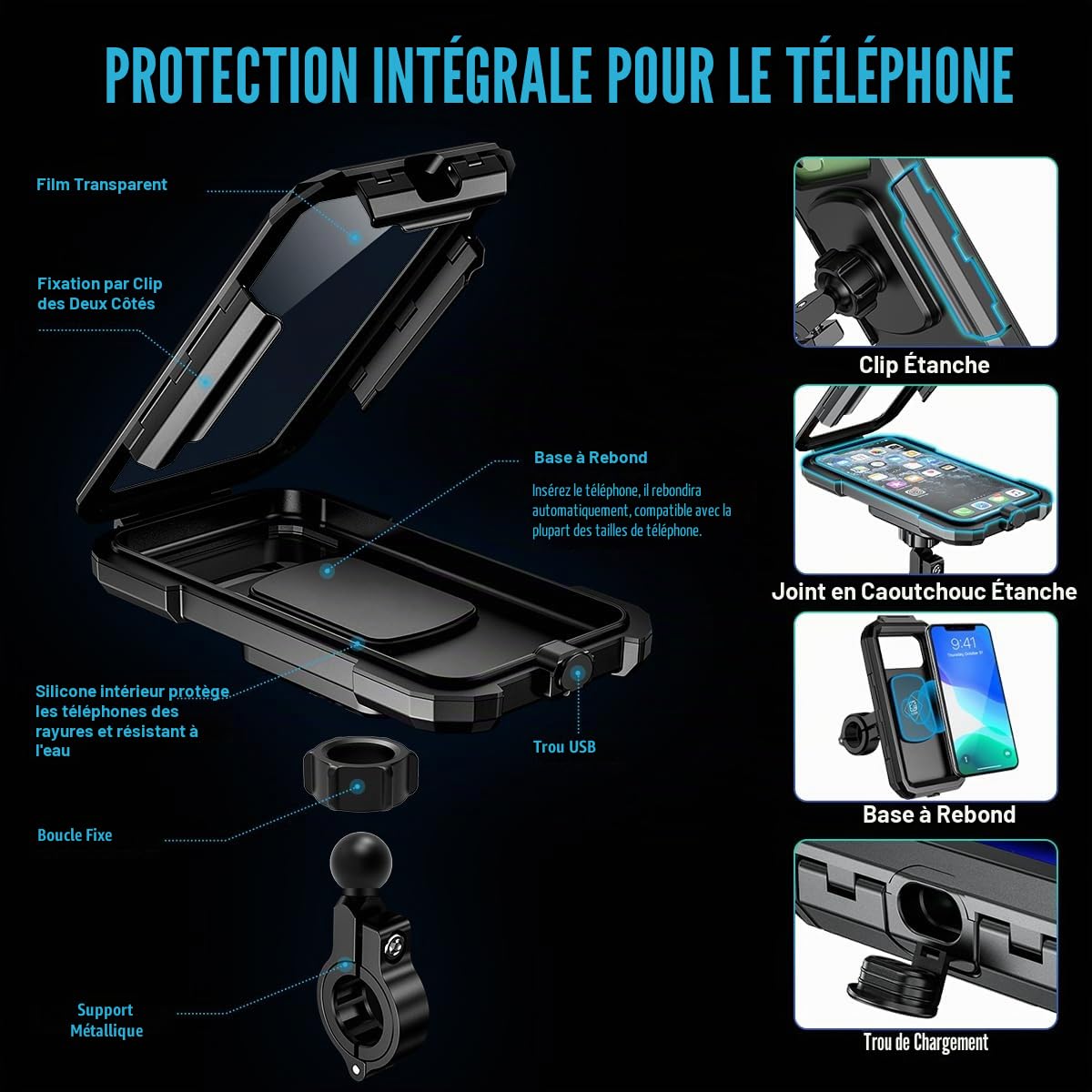 Support Telephone Vélo Etanche Support de Guidon Portable Téléphone 360° Rotation Support Smartphone Moto Scooter Détachable, Porte Telephone Velo pour Smartphone 5,5-6,8 Pouces (L)