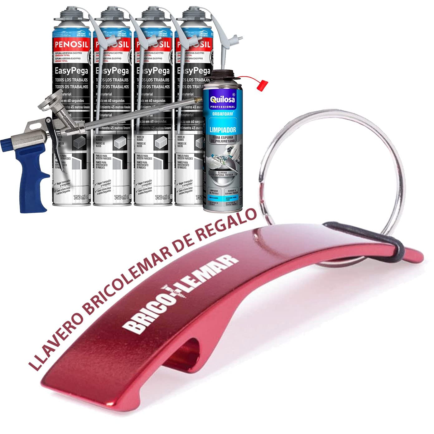 Pack Pistola Espuma Caliber 30 + 4 Botes Espuma Adhesiva EasyPega 750ml + Limpiador Espuma Poliuretano Fresca 500ml + Llavero de Regalo (Pistola Caliber 30 + 4 Botes EasyPega 750ml + Limpiador 500ml)