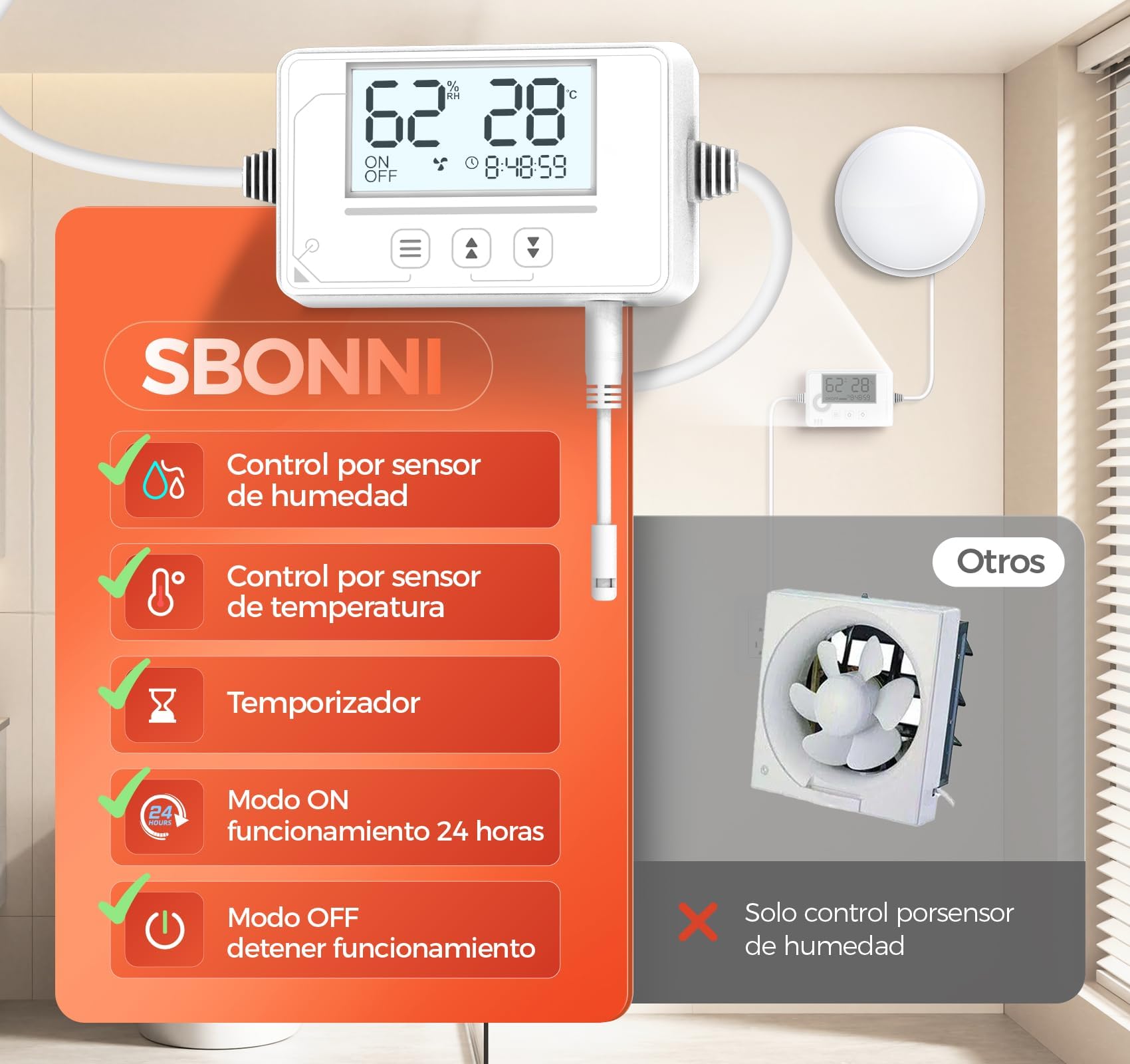 3 Velocidades Extractor de Baño Sensor Humedad, Sensor Temperatura, Temporizador - Ventilador Extractor de Aire 100 mm Silencioso Potente Automático para Baño WC Sótano P107(sin control remoto)