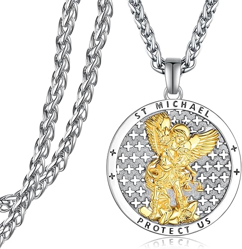 Collar de San Miguel de plata de ley 925, collar de Arcángel Miguel colgante de San Miguel para hombres, joyería de medalla de amuleto para hombres,