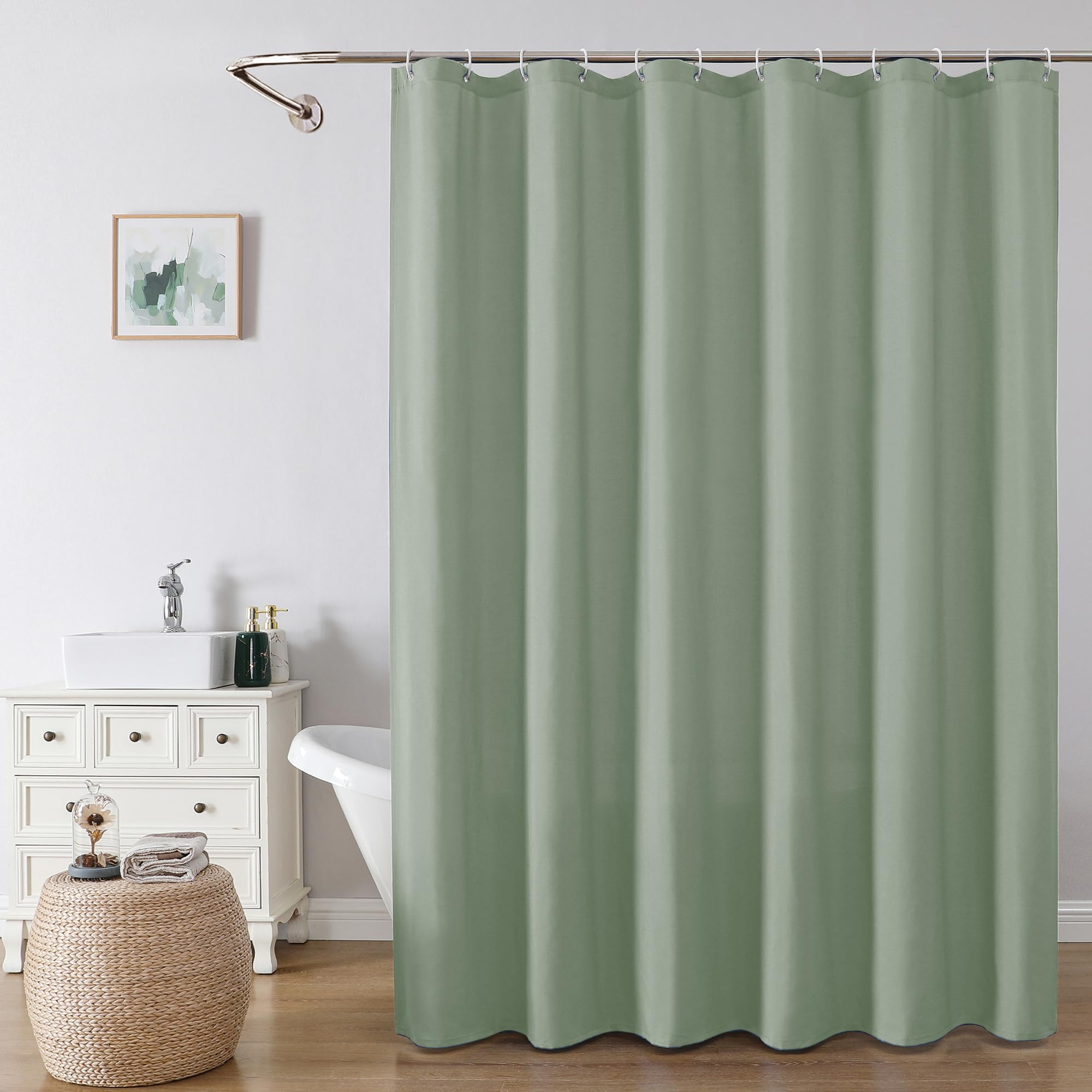OVZME Zora 78 Inch Shower Curtain Set with 12 Plastic Hooks, Plain Fabric Sage Green Shower Curtain for Bathroom - Long Shower Curtain, Water