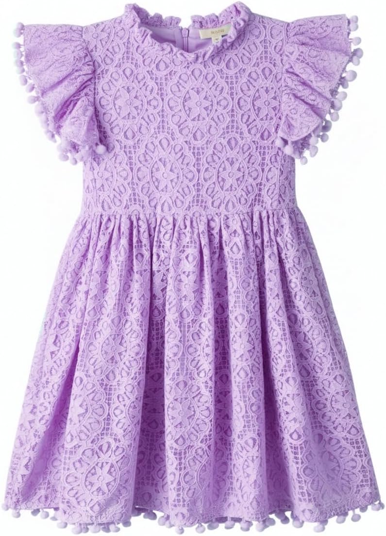 2Bunnies Girl Baby Toddler Vintage Lace Pom Pom Flutter Sleeve Easter Birthday Outfit Dress - Image 4