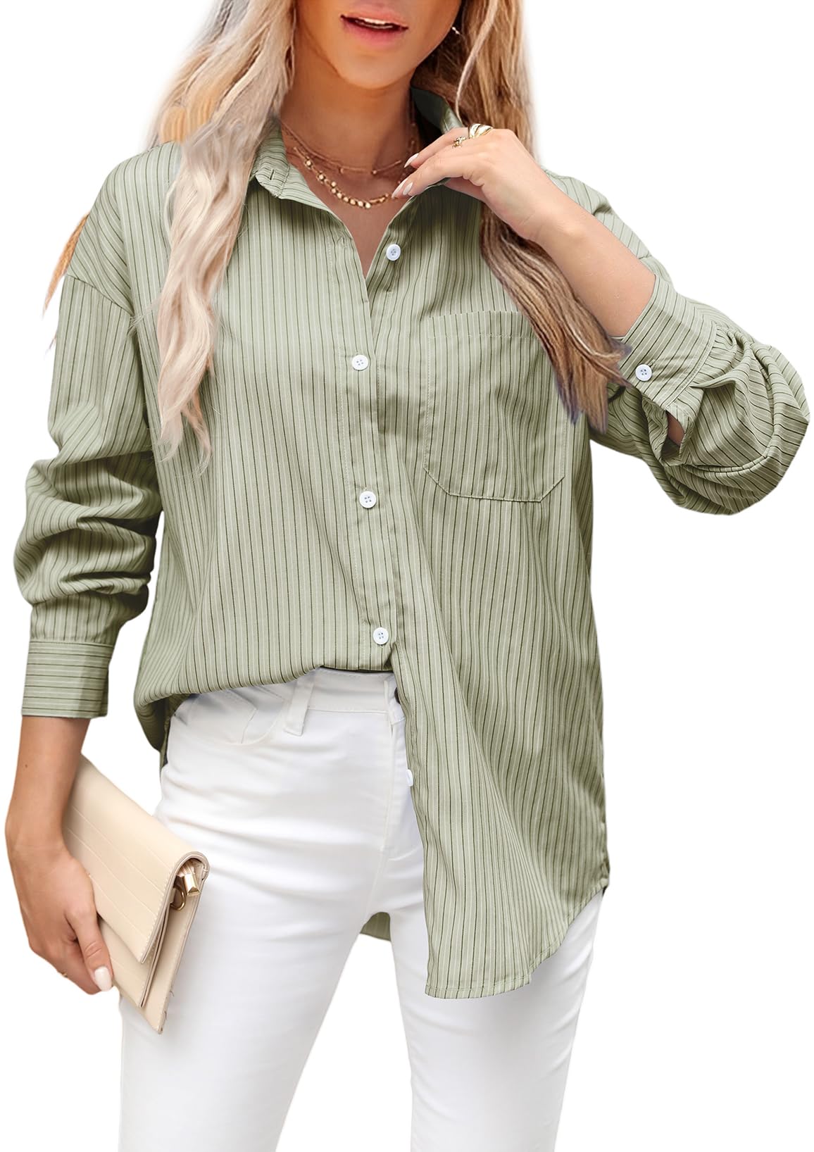 Womens Striped Button Down Shirt Oversized Cotton Blend Long Sleeve Boyfriend Shirts with Pocket Collared Blouse Dressy Tops X-Large Green Stripe