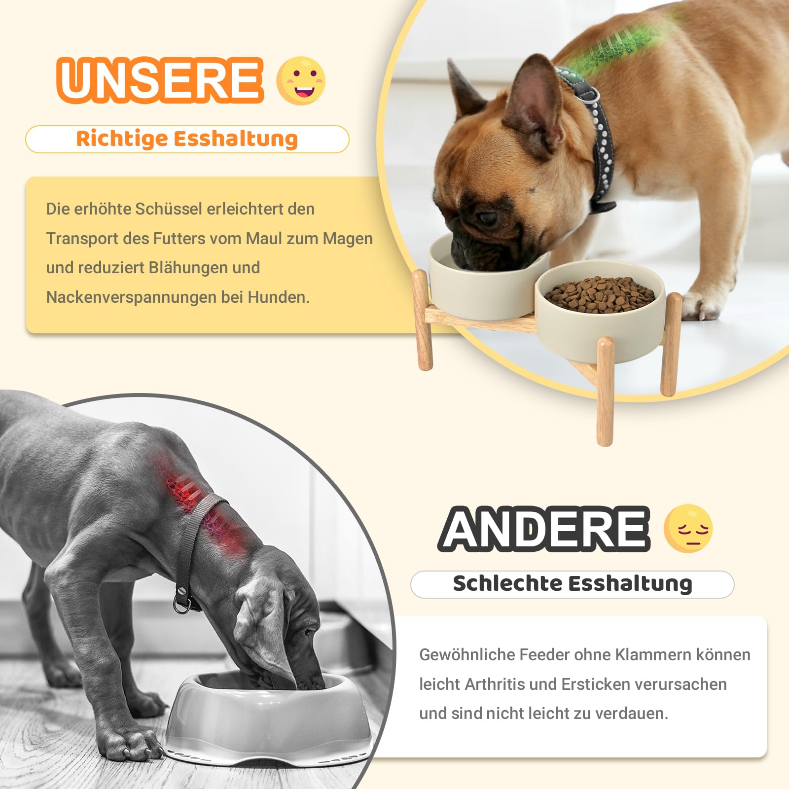 SPUNKYJUNKY Hundenapf Keramik Fressnapf Erhöhter Futternapf Wassernapf mit Bambus Ständer für mittelgroße und große Hunde (1800ml, Grau)