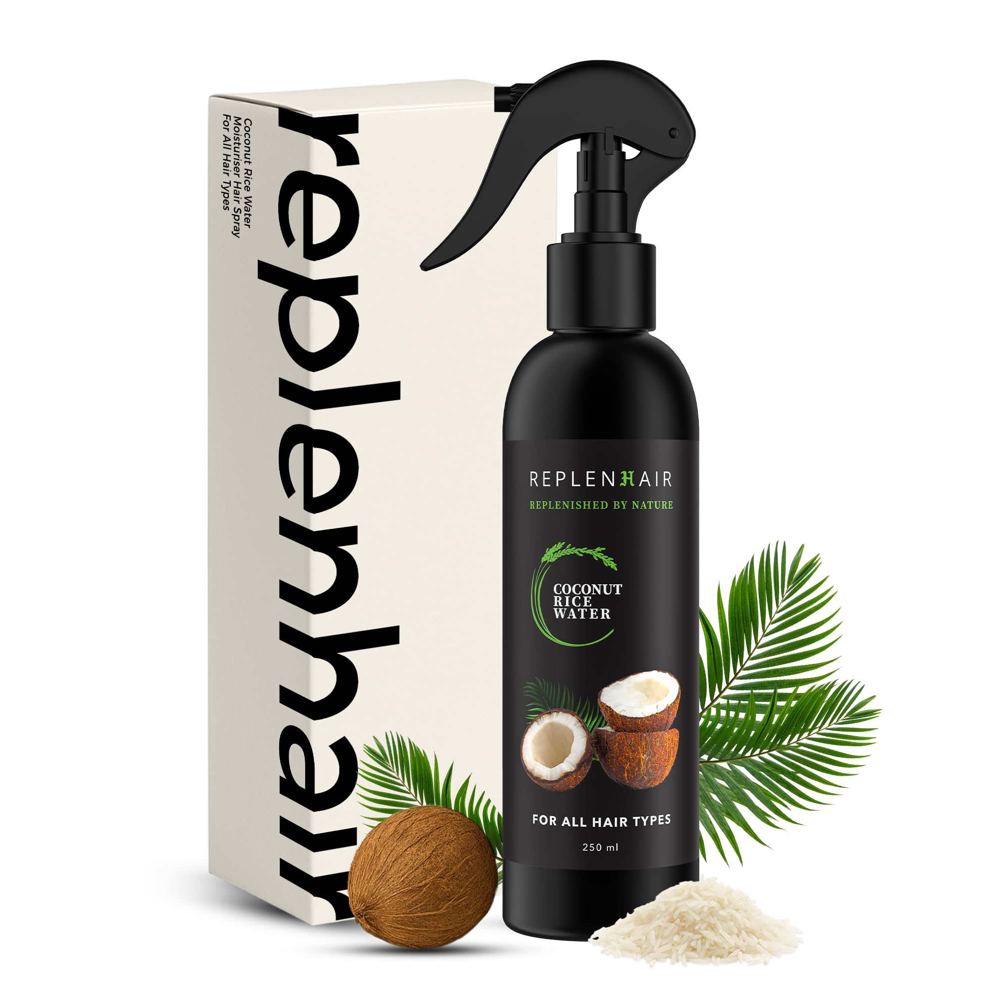Reiswasser-Kokosnuss Haarspray – Leave-In-Conditioner mit Kokosöl & ätherischen Ölen für Haarwachstum, reduziert Haarausfall & Schuppen, fördert dichteres Haar – 250 ml