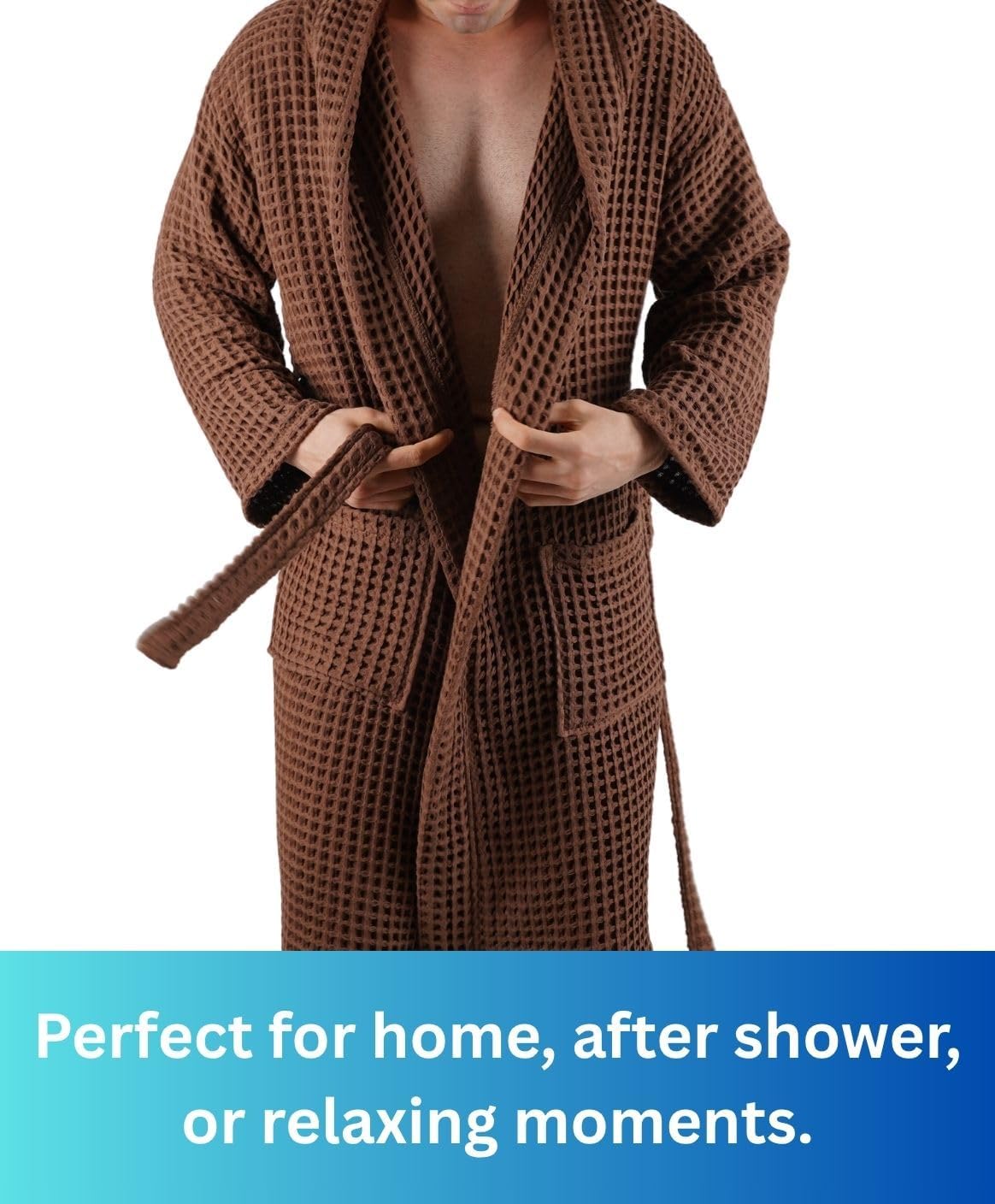 100% Cotton Hooded Waffle Bathrobe for Men (US, Alpha, XX-Large, Brown)