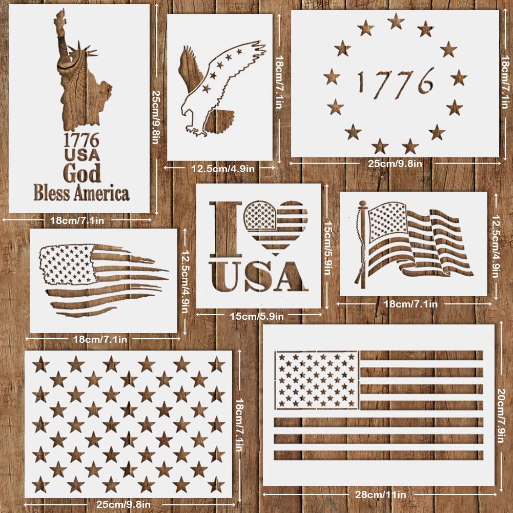 Schablonen mit amerikanischer Flagge, 8 Stück, USA-Flagge, Stern, Freiheitsstatue Adler, 1776, Kunststoff, Malschablone, Zeichnen, Airbrush-Vorlagen für Holz, Stoff, Papier, Scrapbook, Kunsthandwerk