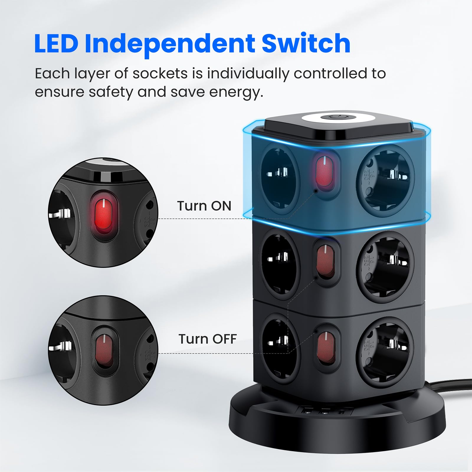 Acodot Listwa zasilająca z przełącznikiem, 16 w 1 Listwa zasilająca z wbudowanym urządzeniem odgromowym i inteligentnym interfejsem szybkiego ładowania USB C, lampka nocna przedłużacz 3M