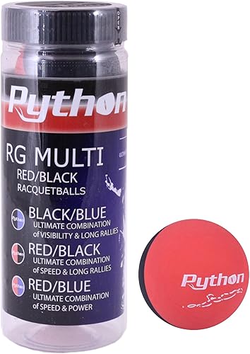 Miniatura 2 de Python - Juego de 3 bolas de raquetas RG multicolor (respaldado por la leyenda de raquetbol Ruben González) (rojoazul, rojonegro, negrocolores de
