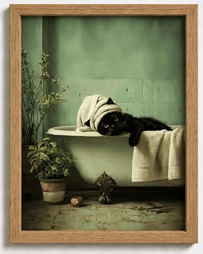 Framed Black Cat Bathroom Wall Art Cute Black Cat In Bathtub Picture Wall Decor 