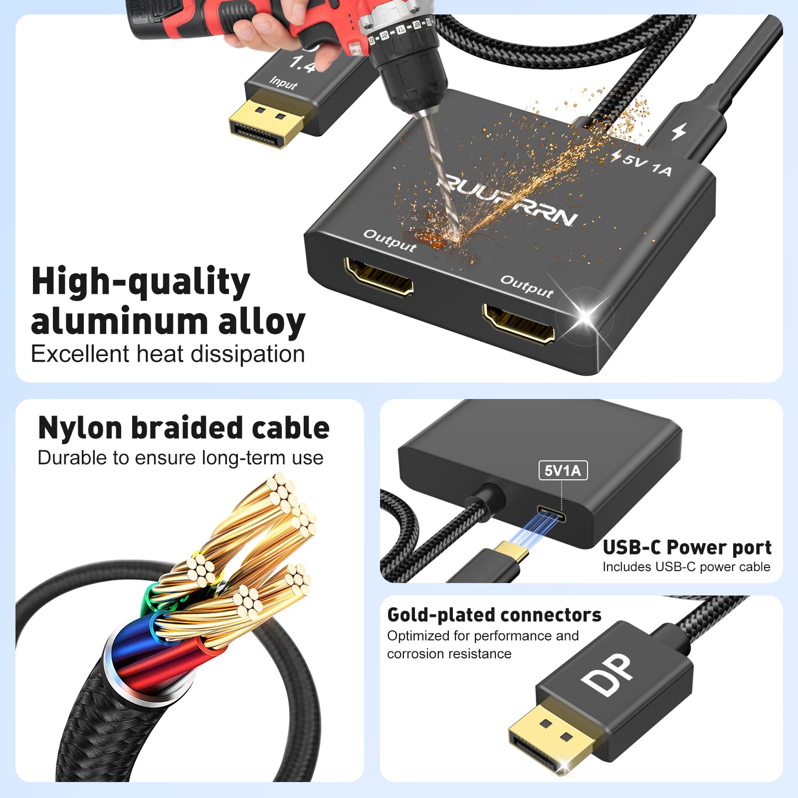 Adaptateur DisplayPort vers double HDMI 4K @ 60 Hz, source DP 1.4 vers HDMI 2.0 pour deux écrans, répartiteur DisplayPort vers HDMI 1 entrée 2 sorties écran étendu, pour PC, NVIDIA, carte