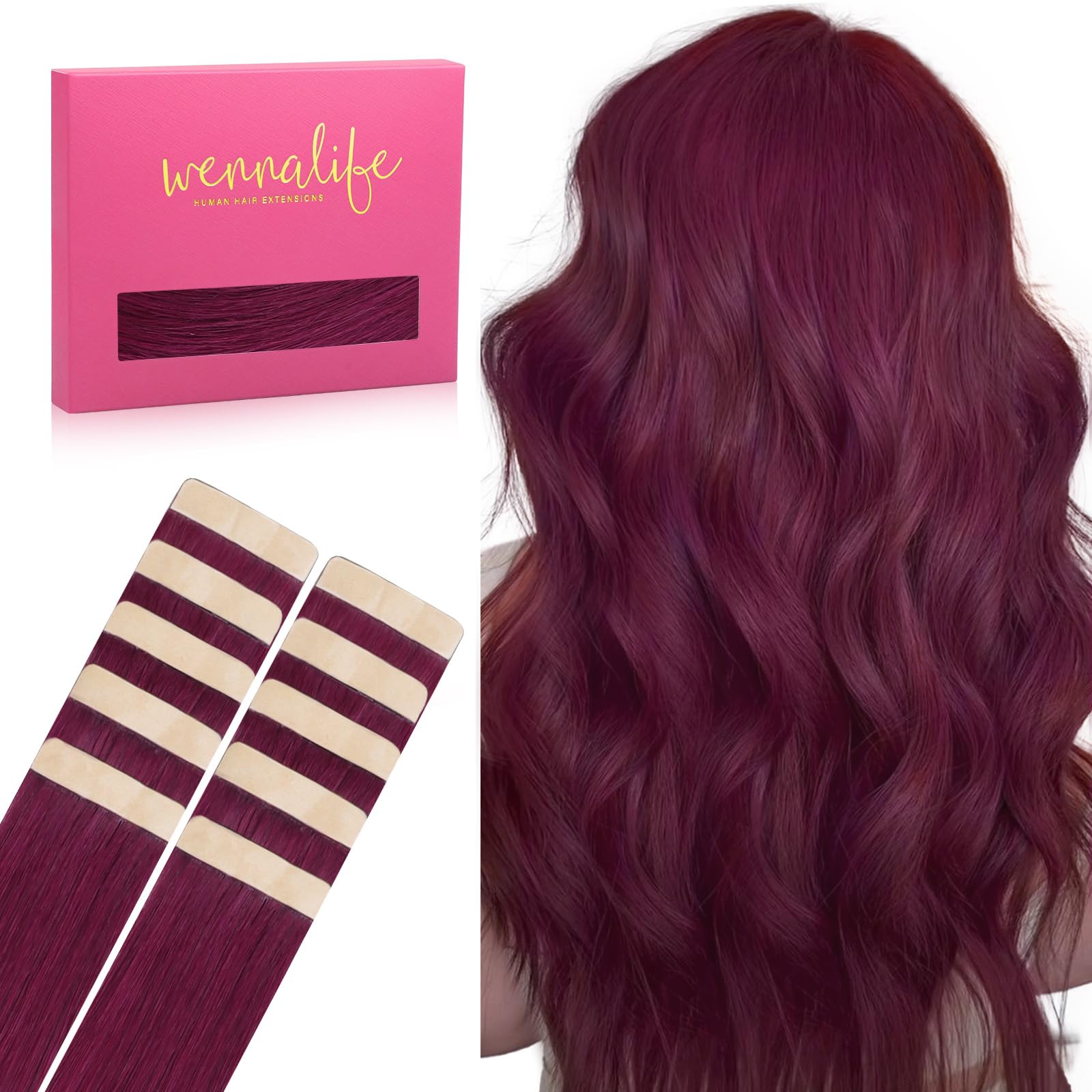 WENNALIFE Tape in Hair Extensions Human Hair Light Burgundy Tape in Extensions, 10pcs 30g 26 inch Remy Invisible Tape Ins Straight Colored Soft Real