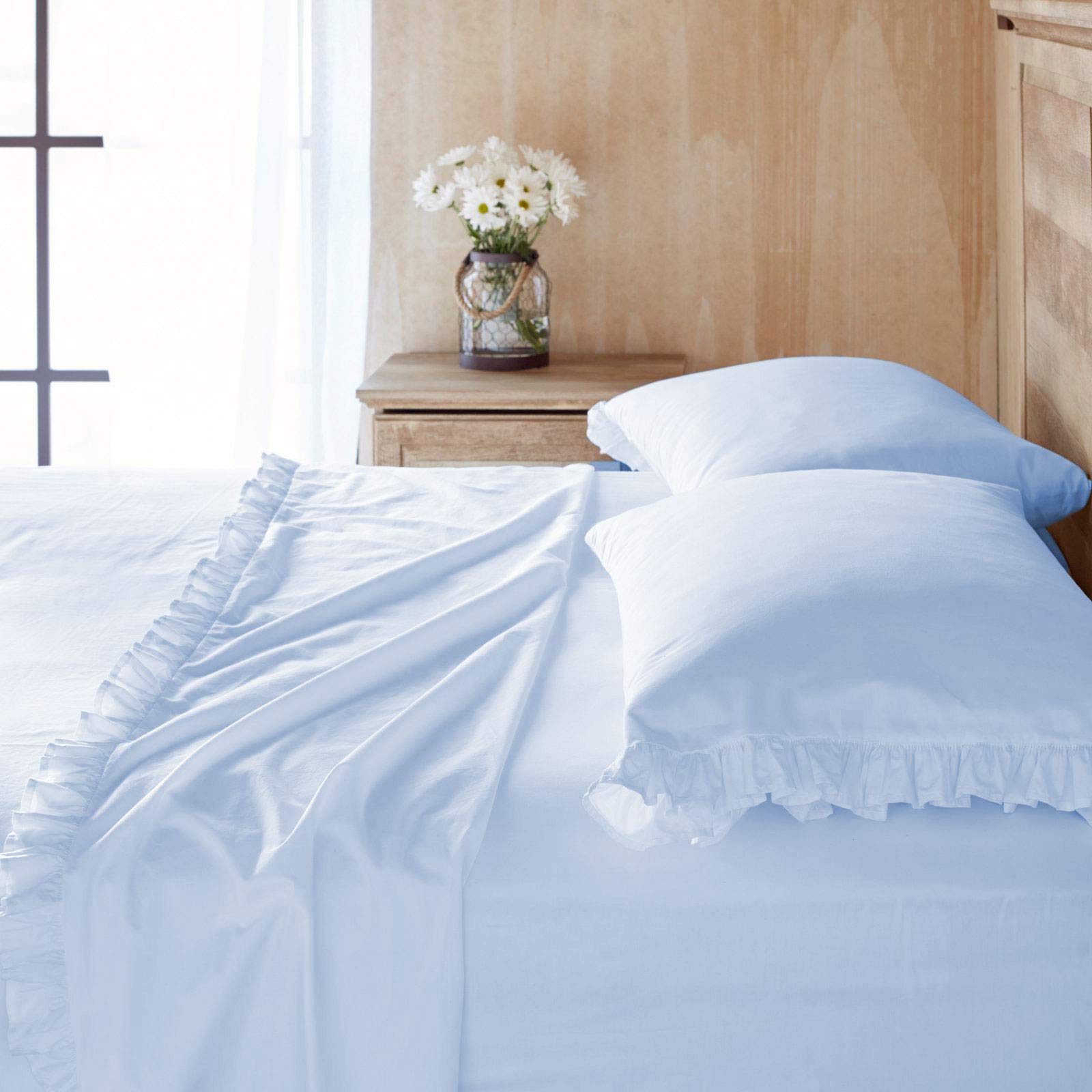 Drap plat 600 fils en coton égyptien bleu ciel lit simple à volants