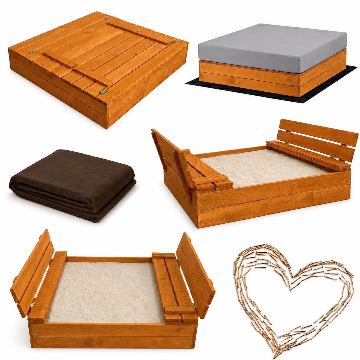SunWood Sandkasten 100x100 cm Imprägniert Premium Sandbox mit Abdeckung Sitzbänken Deckel Plane Sandkiste Holz Kiefer Sandkastenvlies Amber-Imprägniert