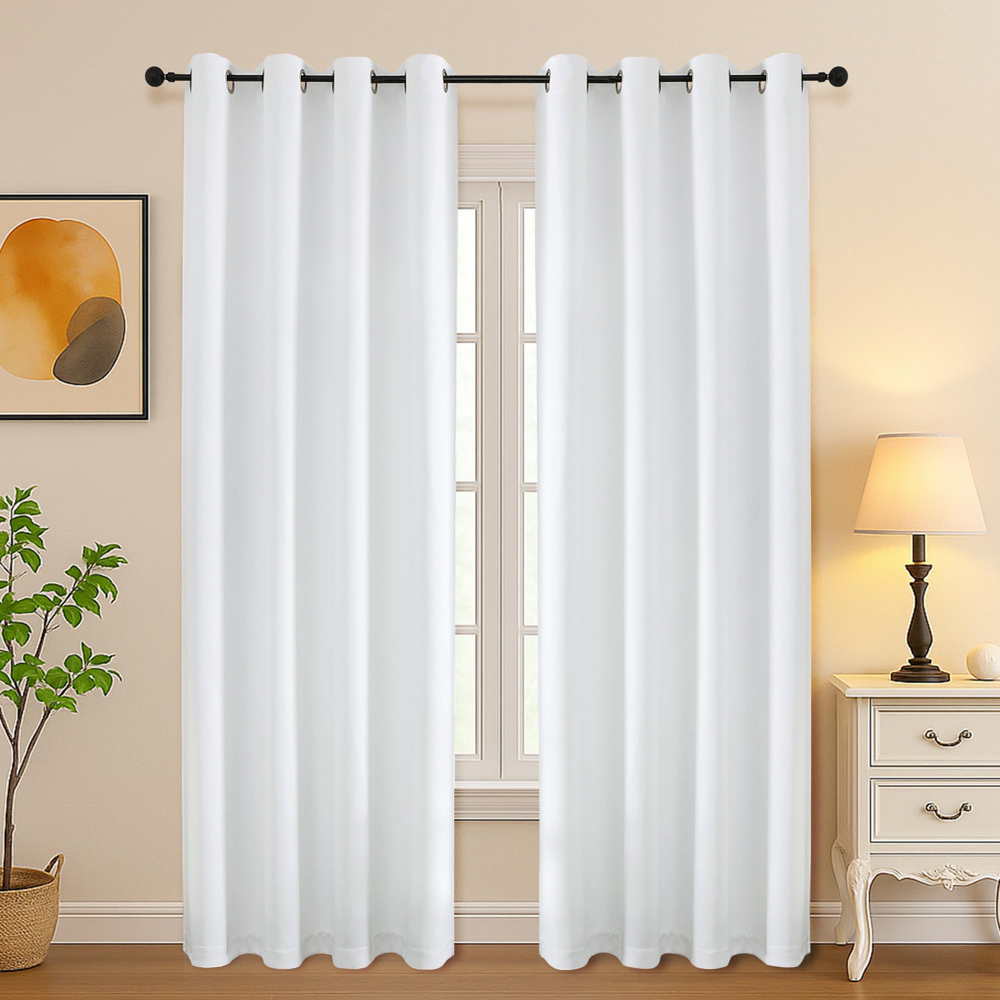 Simplebrand Pure White Light Filtering Curtains for Bedroom Living Room 84 Inch Length 2 Panels Set, Thermal Insulated Curtains &amp; Drapes, Solid Grommet Noise Reducing Window Treatment, W50 x L84 Inch