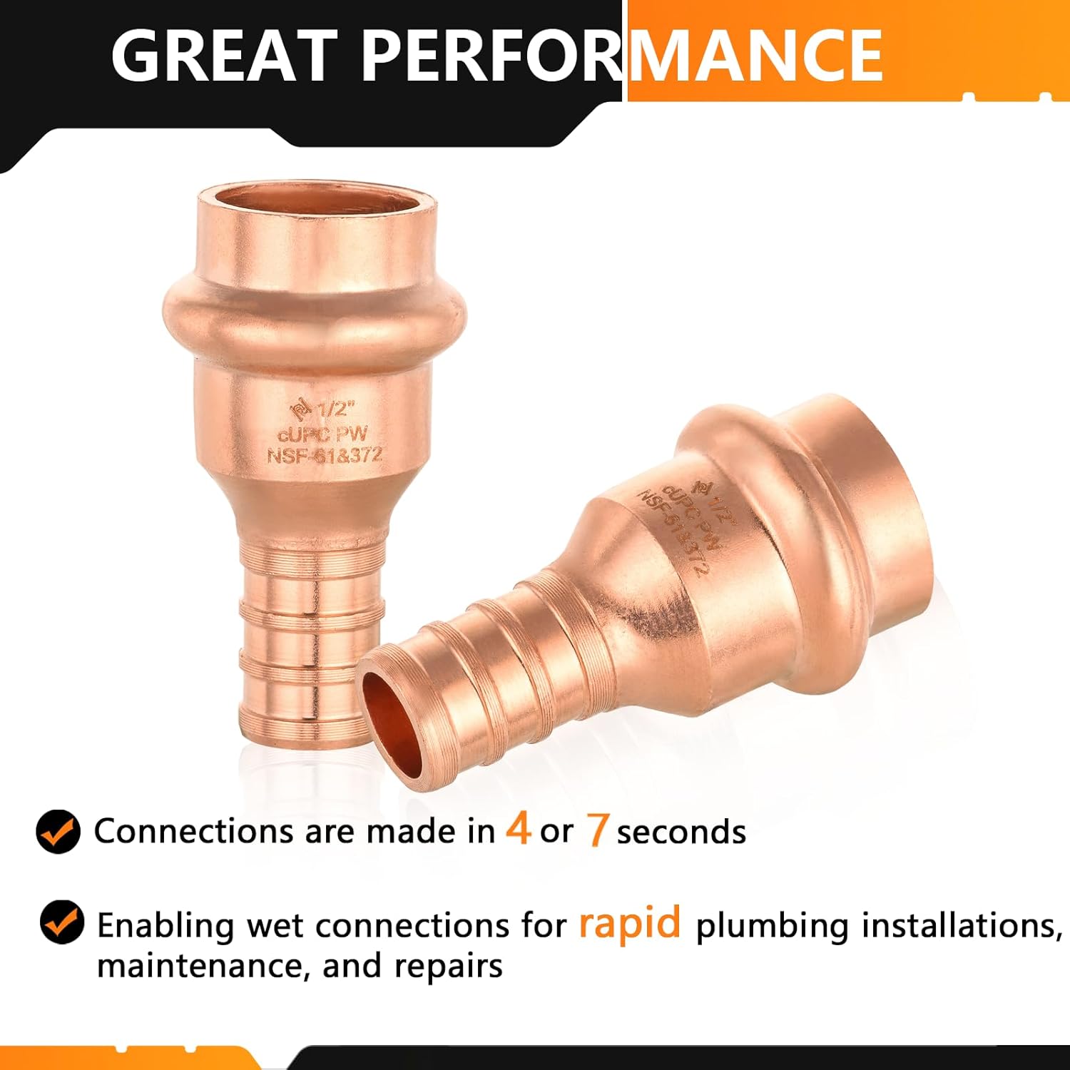 10-Pack HeSun Copper Press Fitting Adapter,1/2" PRESS X 1/2" PEX F1807 Crimp Coupling(PRESS012)