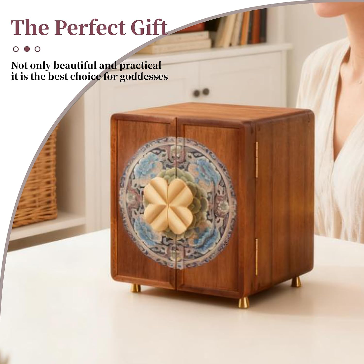 Wooden Jewelry Box for Women Jewelry Box With Drawers Walnut Wood (Walnut Wood with printing A)