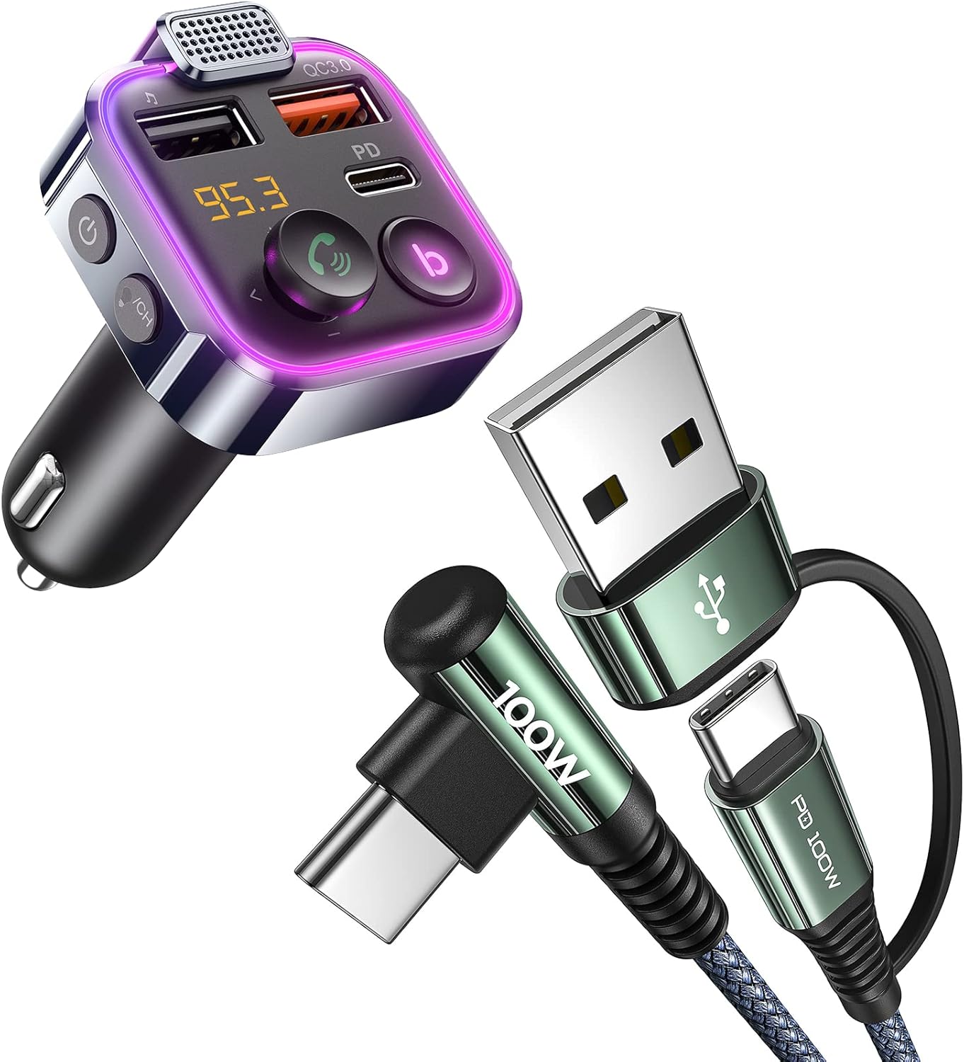 AINOPE Bluetooth FM Transmitter + 100W USB Type C Cable Fast Charging 10FT Electronics