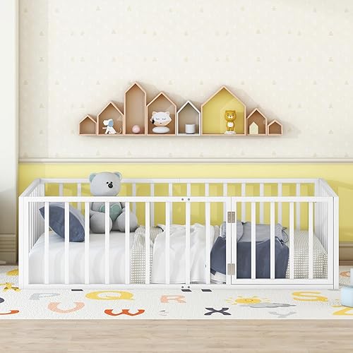 Miniatura 10 de Cama de suelo de metal tamaño Queen, marco de cama Montessori Queen con valla y puerta, cama Queen con diseño de puerta, cama de valla para niños,