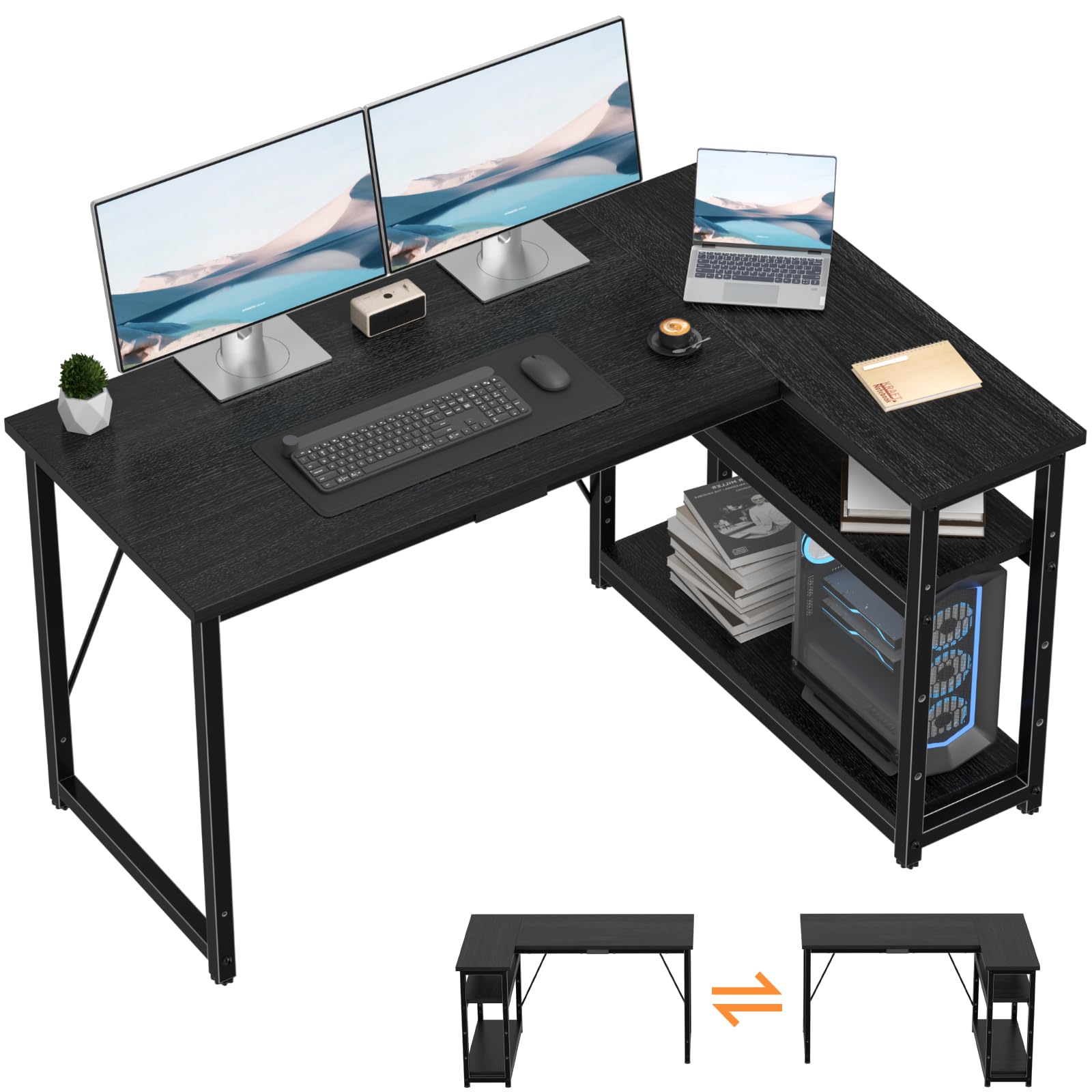 TRIUMPHKEY L-förmiger Schreibtisch 120x80 cm, Reversibler Eckschreibtisch mit Regal, Gaming Computertisch Büroschreibtisch, Corner Gaming Tisch für Zuhause Schlafzimmer Schwarz