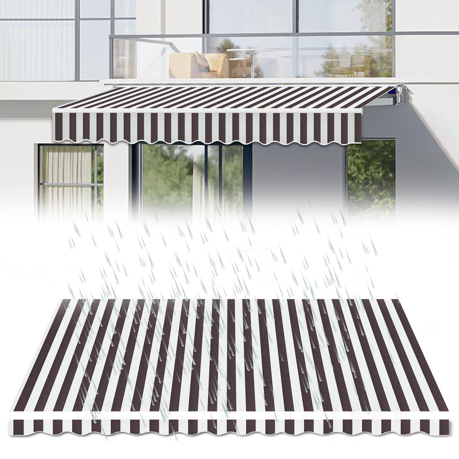 Telo di ricambio retrattile per patio, impermeabile, 258 g, in poliestere, per esterni, arrotolabile, per terrazza, ristoranti, negozi (marrone, strisce bianche, 3,4 x 2,4 m)