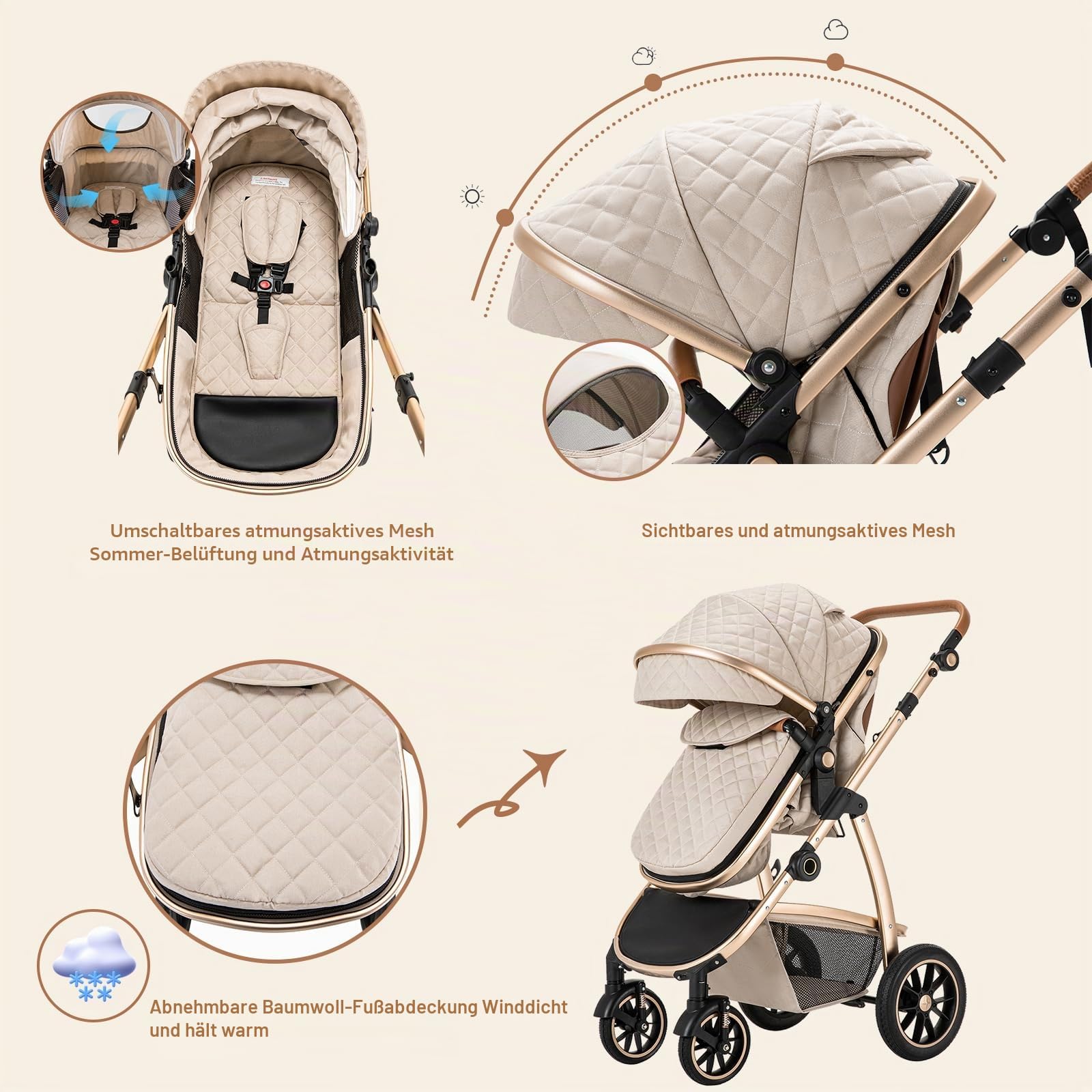 Zkiprm 3 in 1 Kinderwagen, Reisesystem, Buggy & Sportsitz, Höhenverstellbare Armlehnen und Kinderwagen mit Aluminiumgestell/Mumientasche/Moskitonetz/Baumwollmatte, für Neugeborene 0-4 Jahre