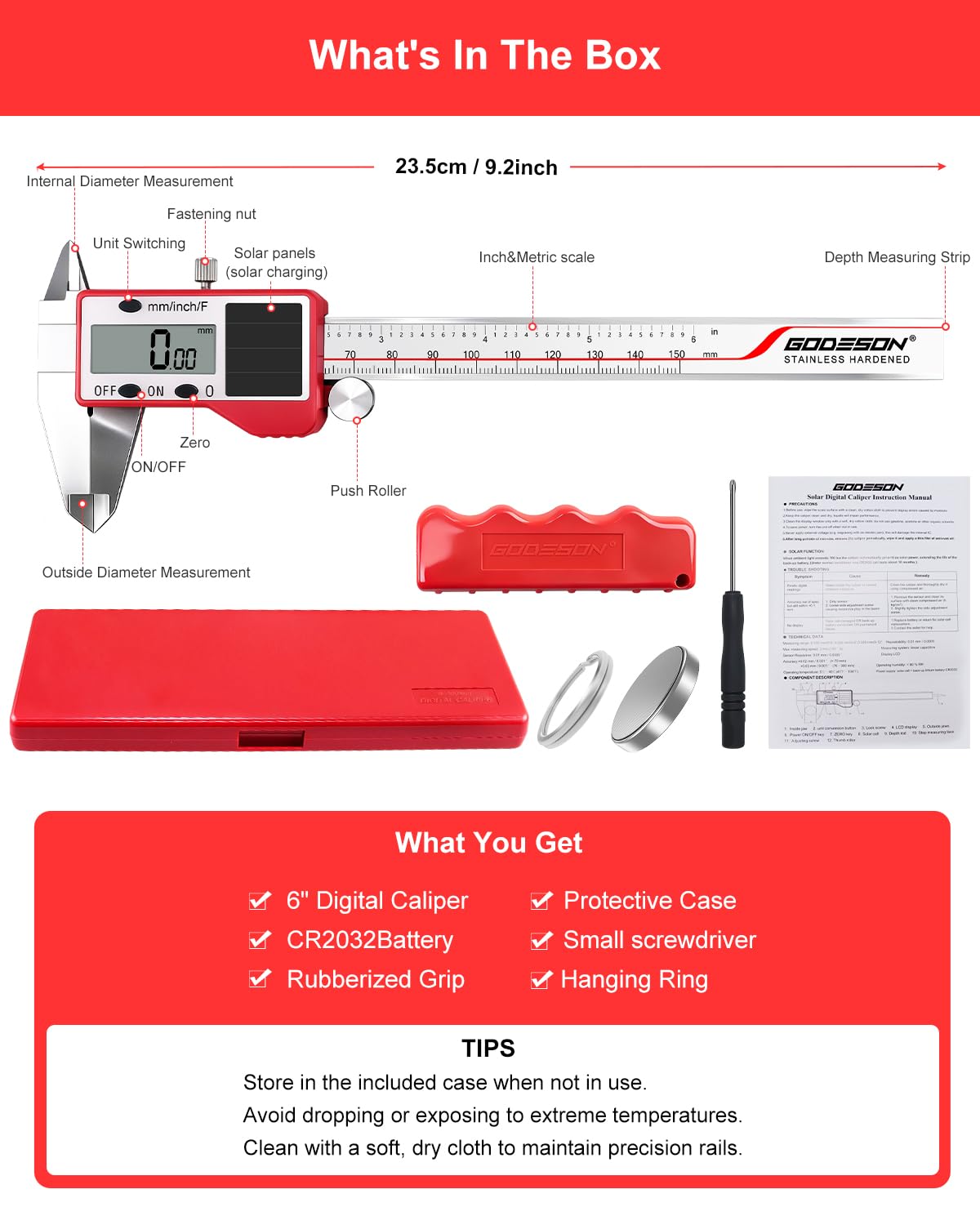 GODESON Calibrador digital alimentado por energía solar, calibradores digitales de 6 pulgadas con precisión de 0.000 pulgadas, acero inoxidable, 3 unidades/mm/fracción, 5 modos incluyendo diferencial