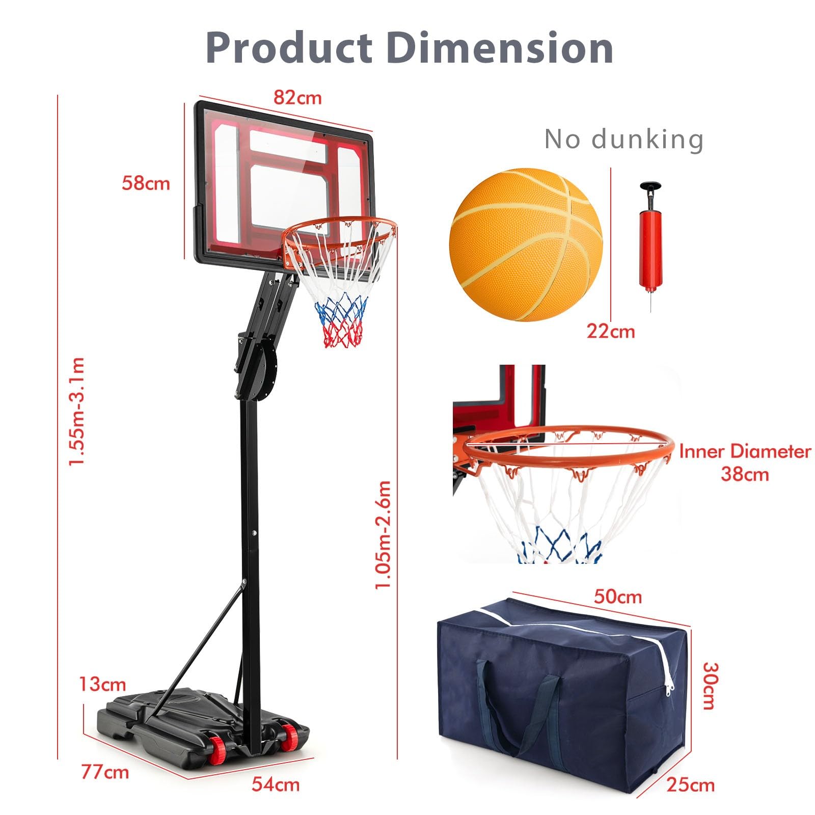LIFEZEAL Canestro da Basket da Esterno, Supporto con Altezza Regolabile 155-310 cm con Borsa, Canestro su Piedi con Ruote Portatile, per Bambini e Adulti